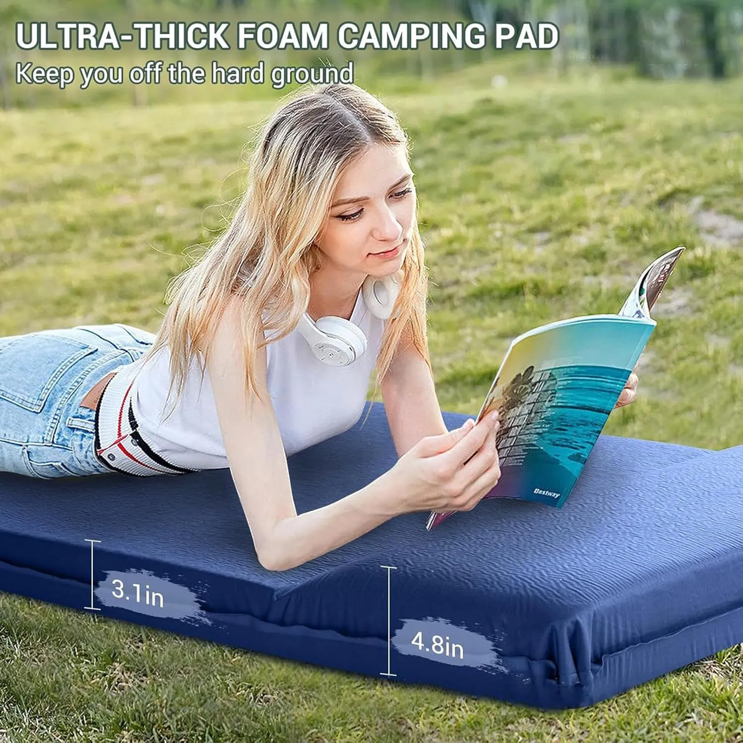 3.1" Self Inflating Camping Sleeping Pad, Travel Ultra-Thick Elasticity Foam Fast Inflating Insulated Durable Camping Mat Air Mattress with Pillow, for Tent, Car, Camping, Traveling (Gray)