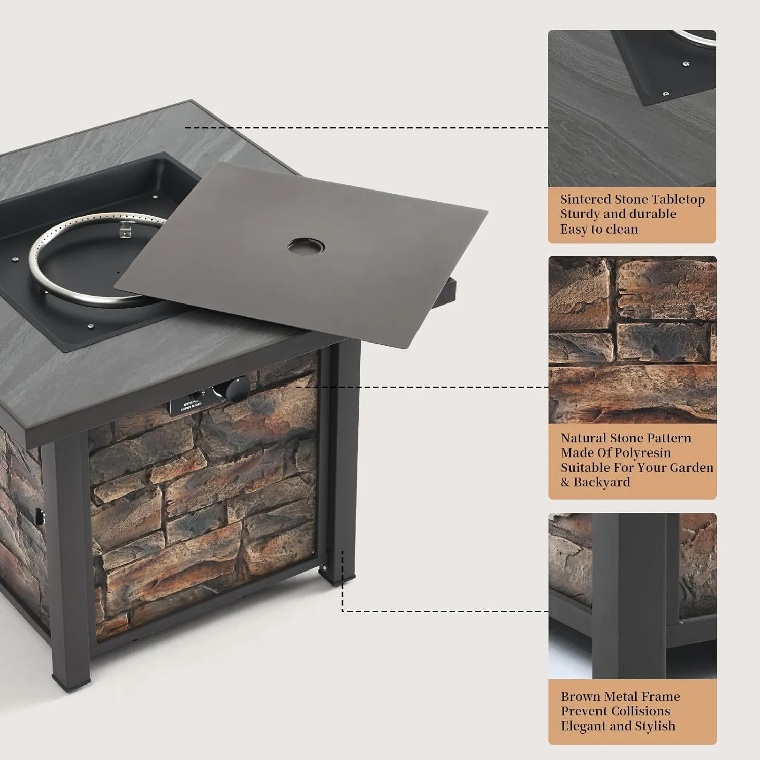 32'' Propane Fire Table for Ourdoor, Sintered Stone Tabletop & Polyresin Natural Stone Base, 50000 BTU Gas Fire Pit Table for Outside Patio and Garden, CSA Certified with Lava Rock