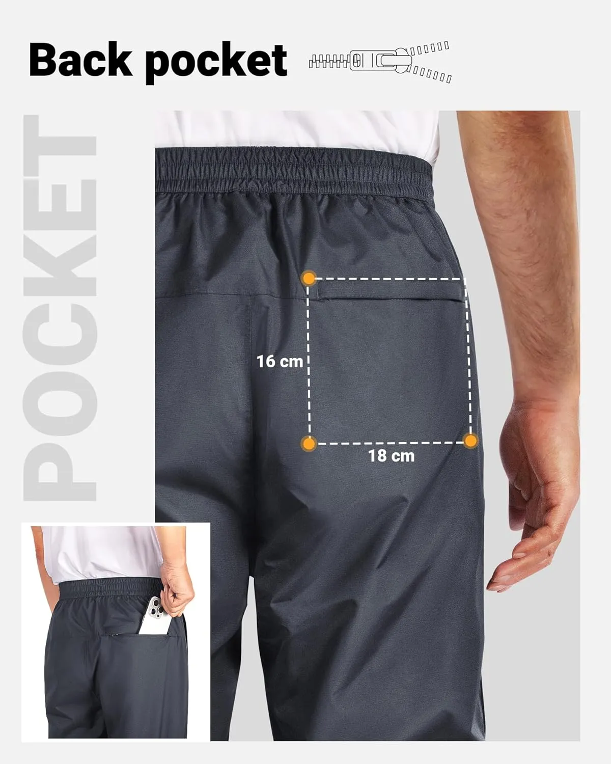 33,000ft Men's Rain Pants Full Zip Waterproof Pants Breathable Rain Over Trousers for Outdoor Hiking Golf Work