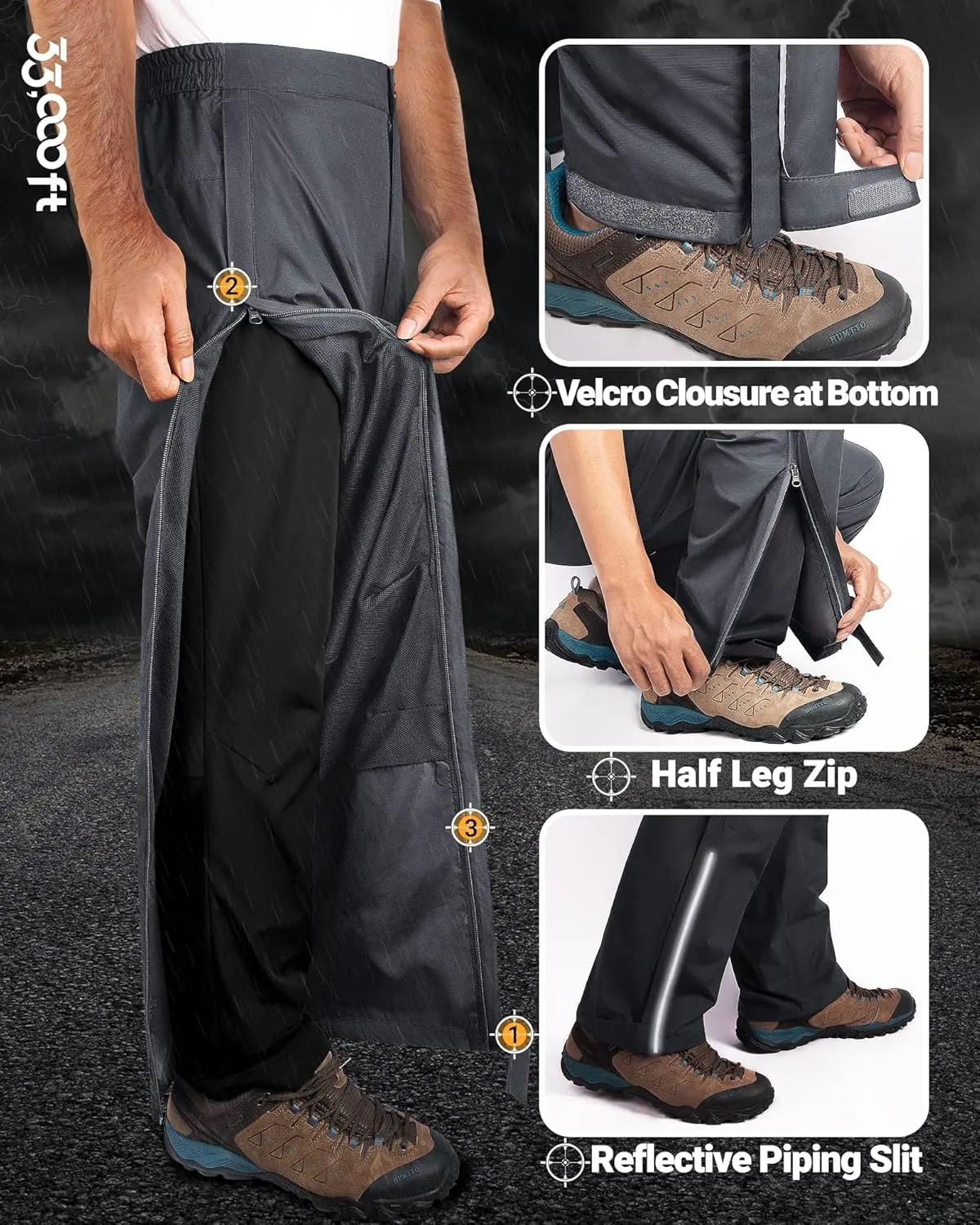 33,000ft Men's Rain Pants Full Zip Waterproof Pants Breathable Rain Over Trousers for Outdoor Hiking Golf Work