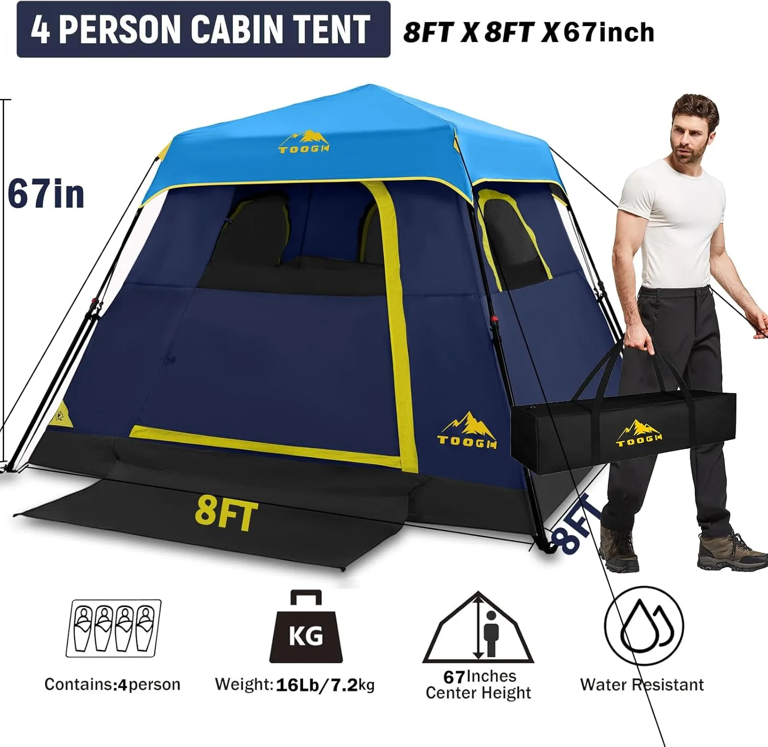 3/4 Person/6 Person Camping Tent Fast Cabin Tent with Instant Setup Tent, Weatherproof Tent Easy Quick Set Up & Pop Up in 60 Seconds with Rainfly Backpack for Family Camping,Upgraded Ventilation