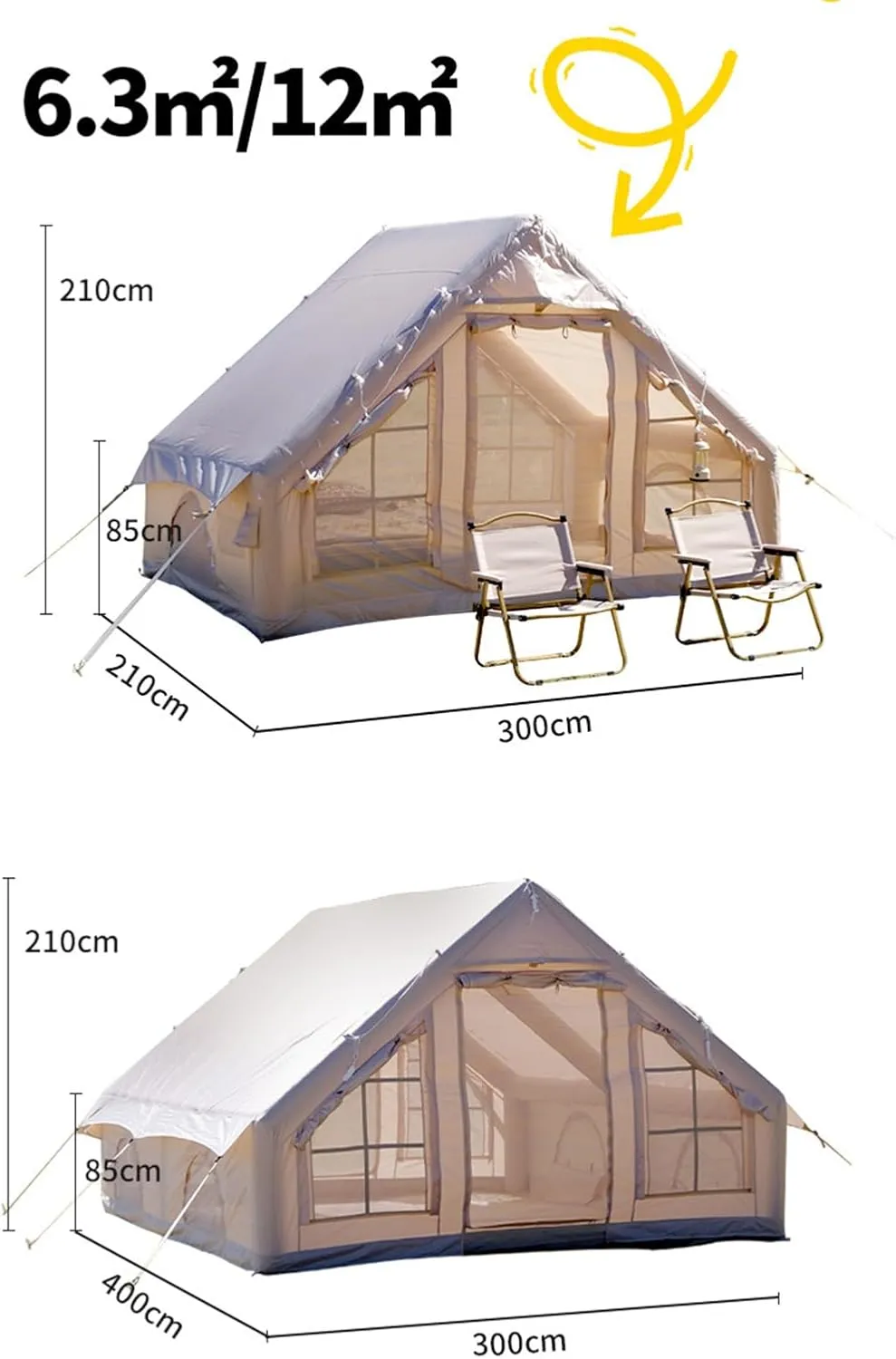 3/4/5/6m Camping Bell Tent 4-Season Family Tent Outdoor Hiking Hunting Yurt Tent with Zipped Groundsheet and Chimney