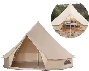 3/4/5/6m Camping Bell Tent 4-Season Heavy Duty Family Tent Outdoor Hiking Hunting Yurt Tent with Zipped Groundsheet and Chimney (Khaki 5m/16.4ft) (Khaki 6m/19.7ft)