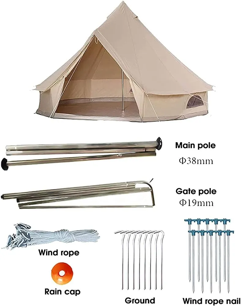 3/4/5/6m Camping Bell Tent 4-Season Heavy Duty Family Tent Outdoor Hiking Hunting Yurt Tent with Zipped Groundsheet and Chimney (Khaki 5m/16.4ft) (Khaki 6m/19.7ft)