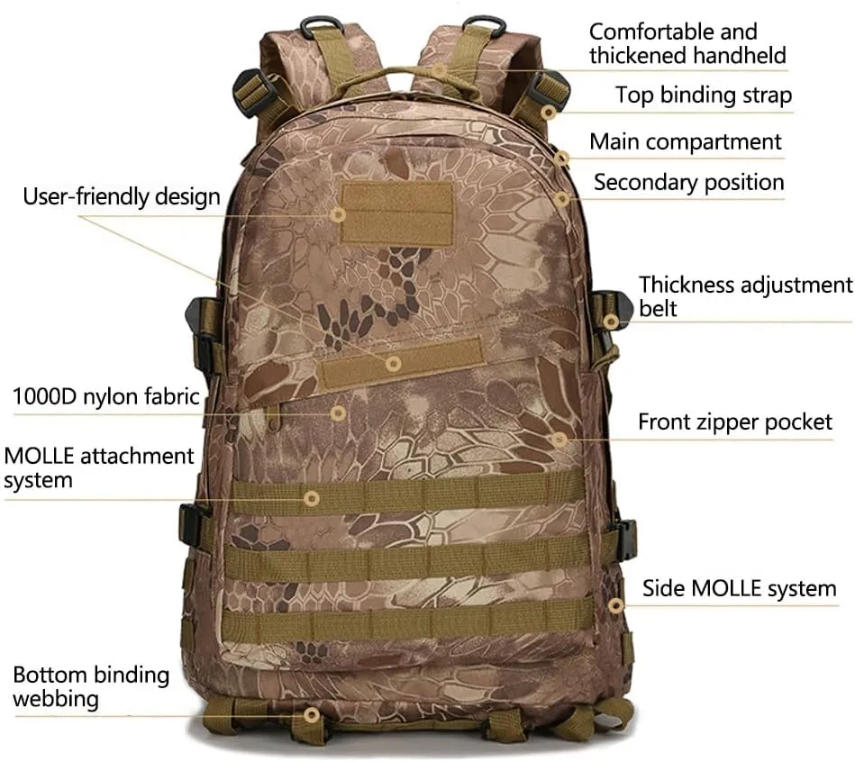 36-55L Military MOLLE Backpack for Men and Women Rucksack Tactical Assault Pack Bag for Hunting Camping Trekking (Python Pattern Black)