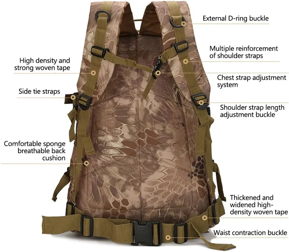 36-55L Military MOLLE Backpack for Men and Women Rucksack Tactical Assault Pack Bag for Hunting Camping Trekking (Python Pattern Black)