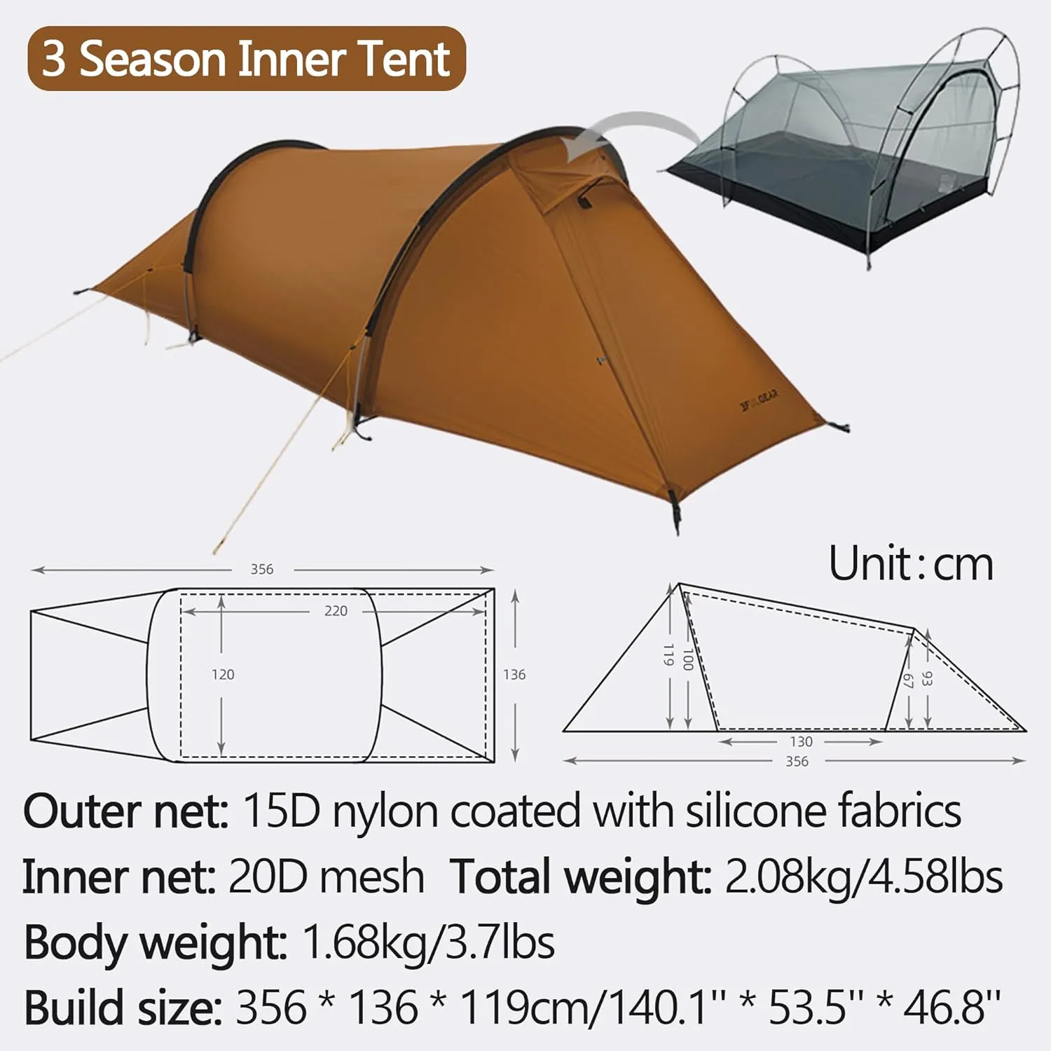 3F UL Gear 1/2 Person Ultralight Camping Tent- Windproof Category 7~8 - Rainproof Groundsheet(PU8000mm )- 3/4 Season Tent with Expanded Foyer for Outdoor Hiking Mountaineering Travel