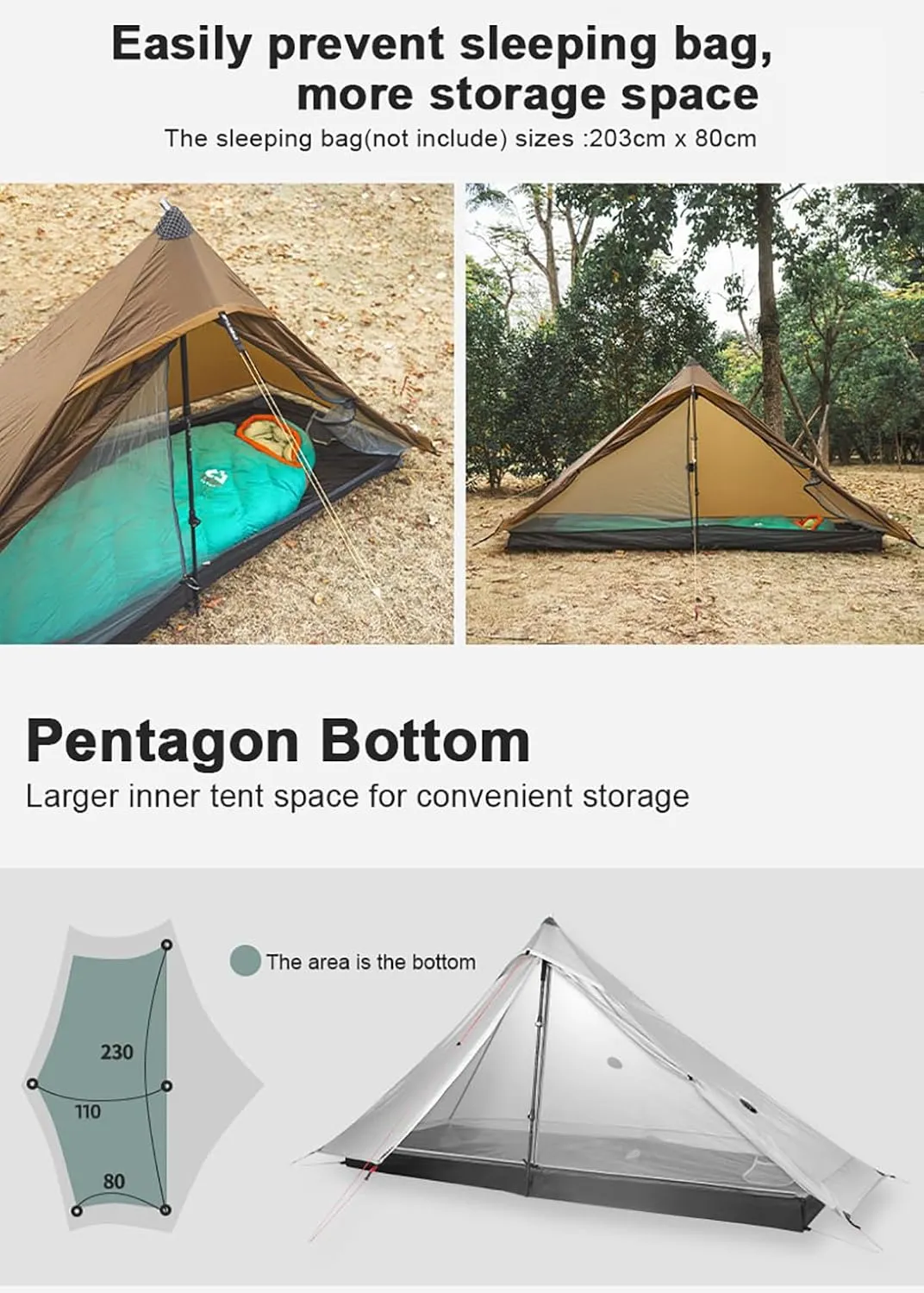 3F UL Gear Lanshan PRO Lanshan Ultralight Tent Ultralight Tent 3-Season Backpacking Tent for 1-Person or 2-Person Camping, Climbing, Hiking, Trekking, Kayaking (for 1 Person, Khaki- 4 Season)