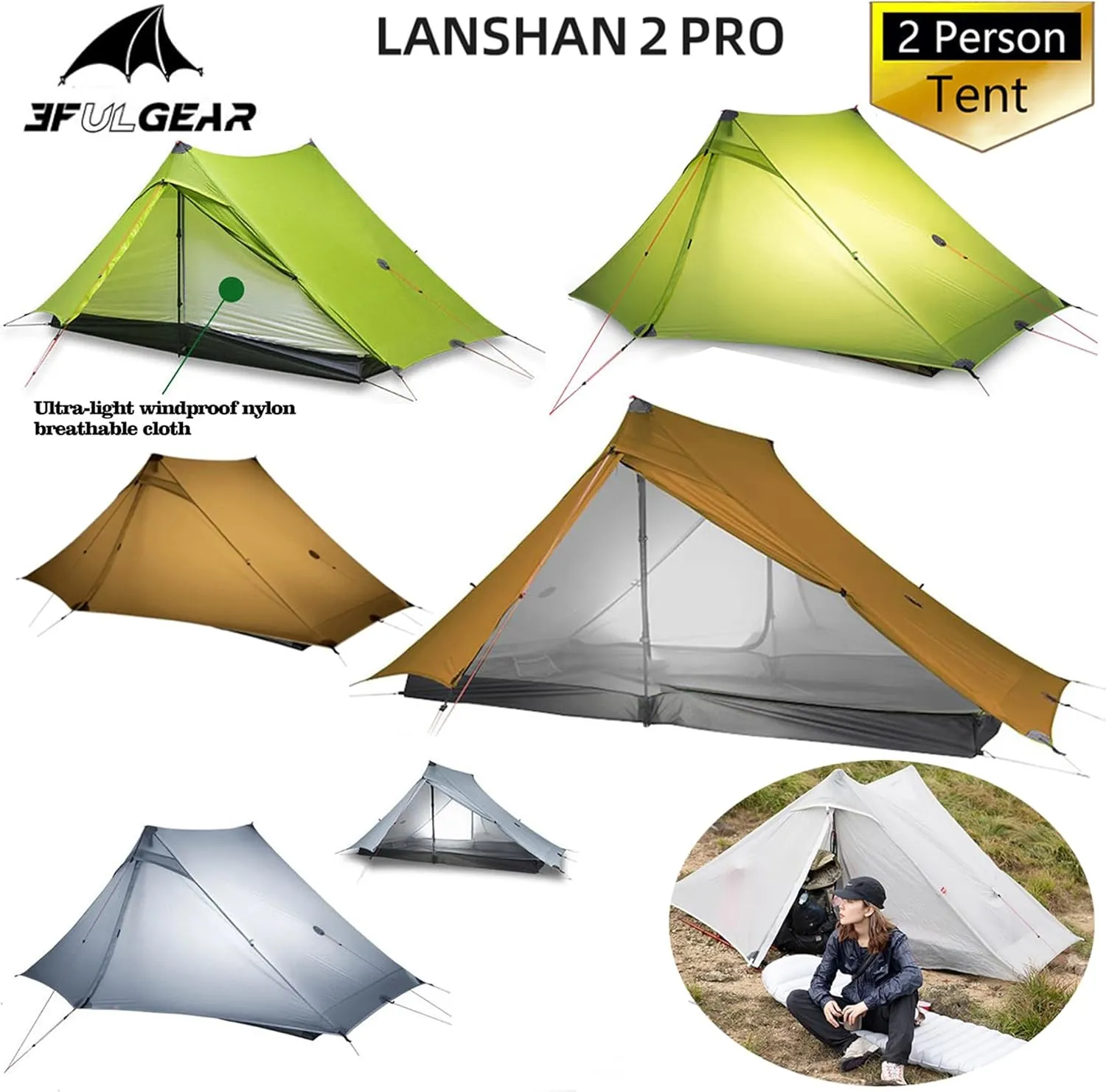 3F UL Gear Lanshan PRO Lanshan Ultralight Tent Ultralight Tent 3-Season Backpacking Tent for 1-Person or 2-Person Camping, Climbing, Hiking, Trekking, Kayaking (for 1 Person, Khaki- 4 Season)