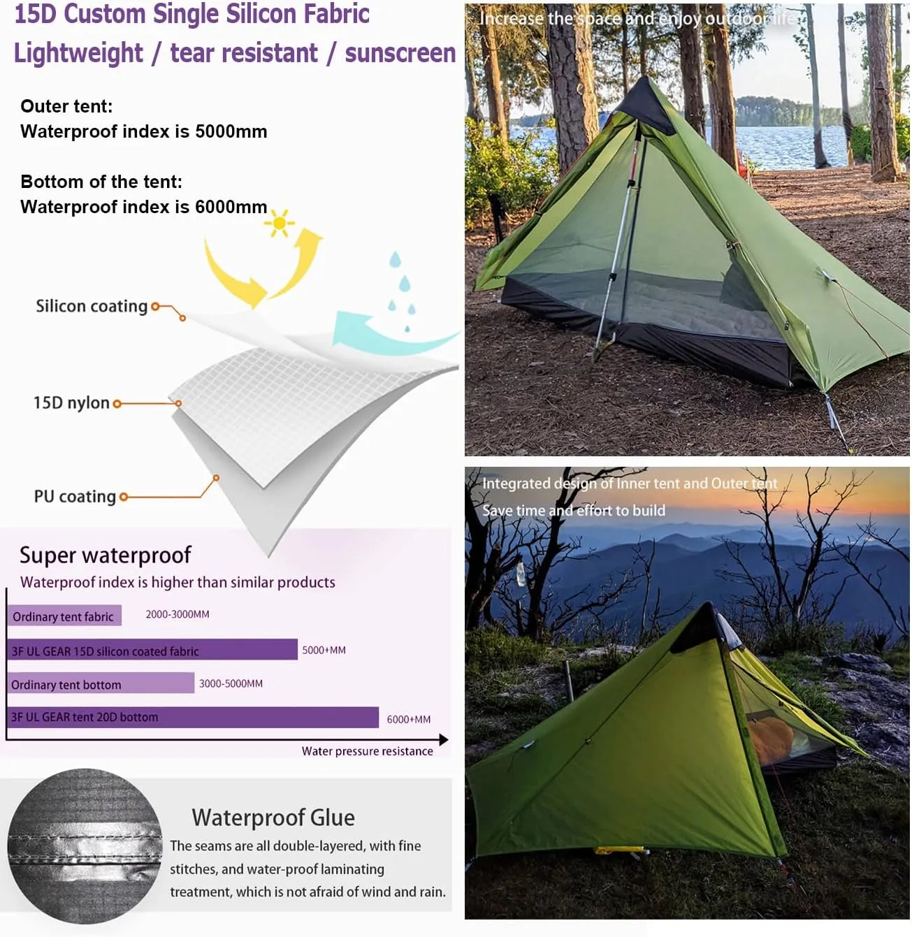 3F UL Gear Lanshan Ultralight 1-Person or 2-Person Backpacking Tent, 3-Season or 4-Season, Outdoor Lightweight Waterproof Professional Tent, Trekking, Kayaking, Climbing, Hiking