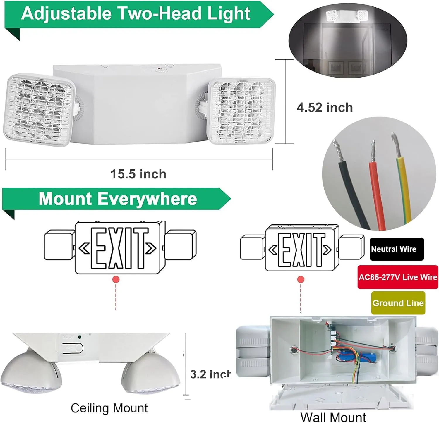 4 Pack LED Emergency Light Fixture, Square 2 Head Adjustable LED Light for Home Business and Commercial Use, Emergency Sign Light AC 110V / 277V White