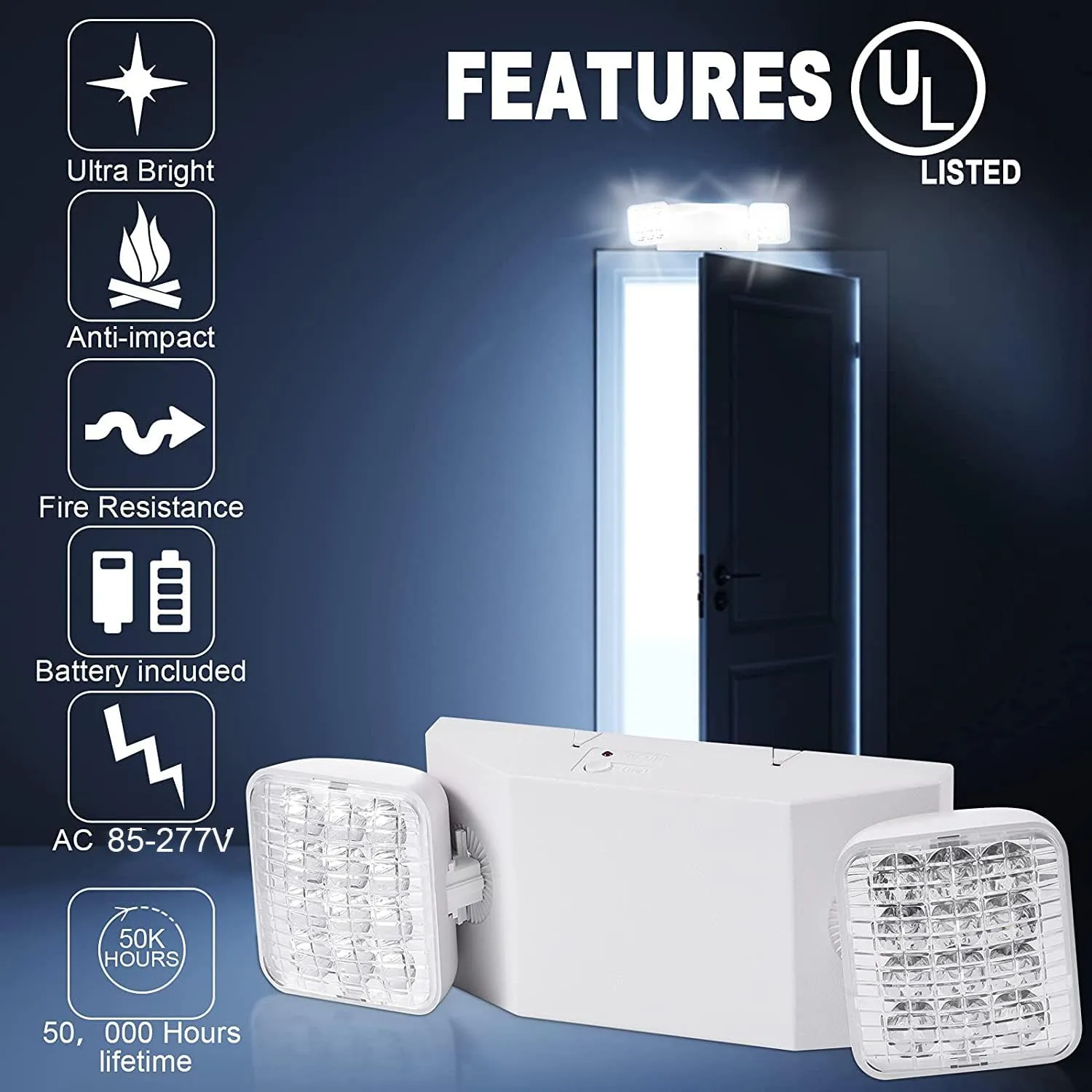 4 Pack LED Emergency Light Fixture, Square 2 Head Adjustable LED Light for Home Business and Commercial Use, Emergency Sign Light AC 110V / 277V White