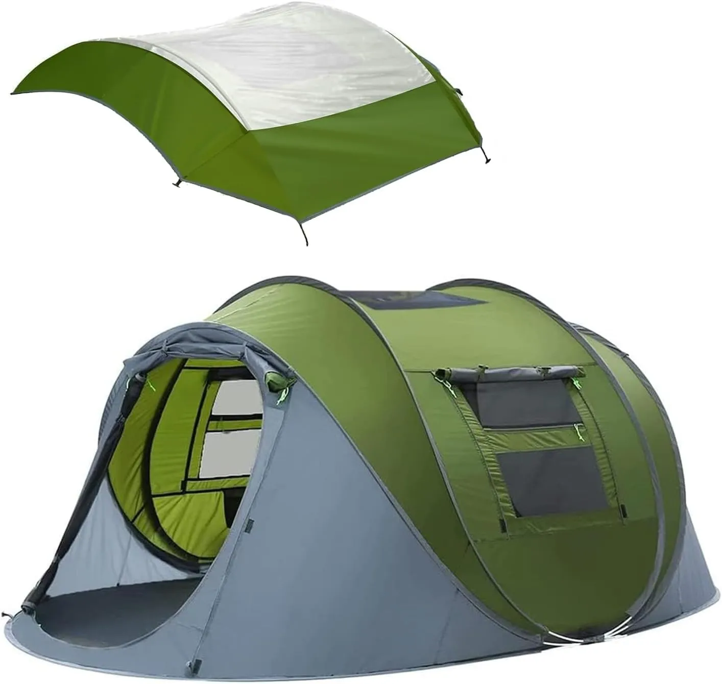 4 Person Pop Up Tent & Replace Transparent Rainfly Skylight, Easy Setup Camping Tents, 2 Doors & Windows