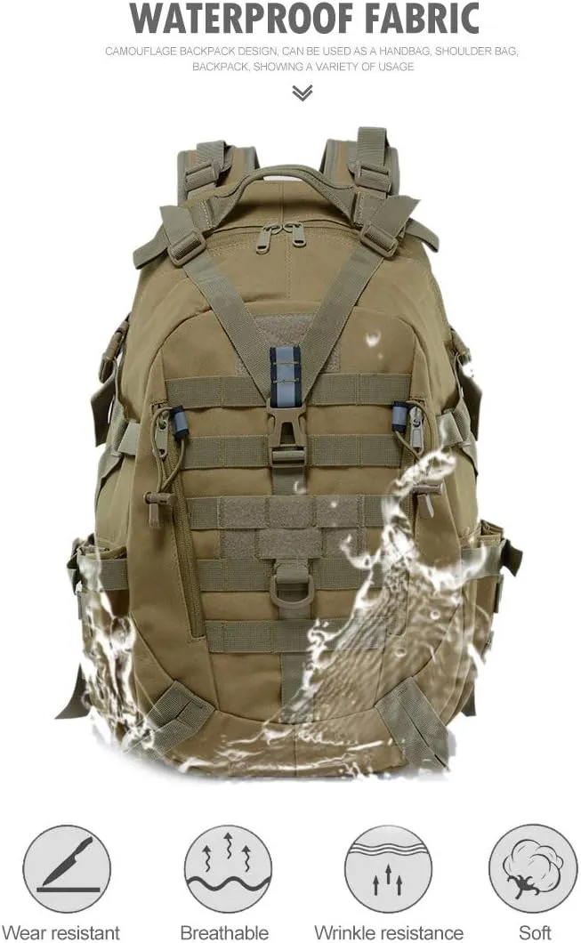 40L Camping Backpack Men's Travel Bags Tactical MOLLE Reflective Climbing Rucksack Hiking Fishing(Khaki)