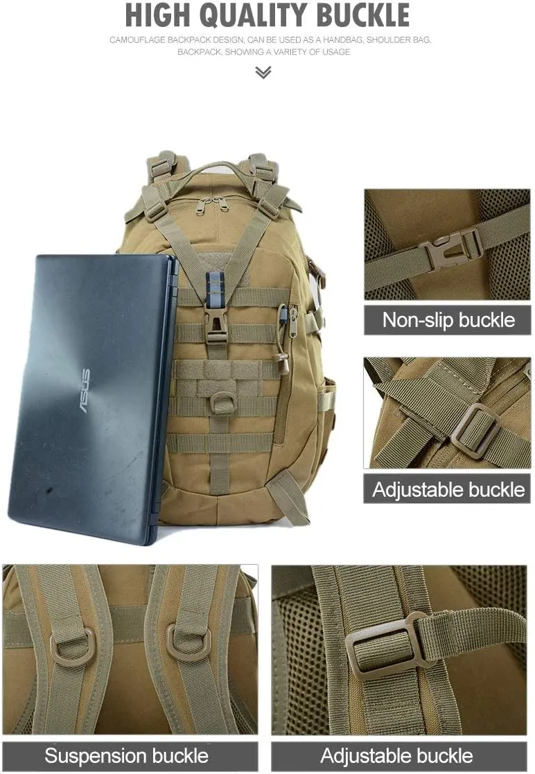 40L Camping Backpack Men's Travel Bags Tactical MOLLE Reflective Climbing Rucksack Hiking Fishing(Khaki)
