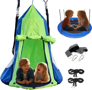 40" Hanging Tent Saucer Swing - 2 in 1 Kids Detachable Hanging Chair Swing Tent Set,Hammock Nest Pod Swing Seat for Boys/Girls,Children Outdoor Indoor Play House with Tent,Max Capacity 330 LBS (Blue)