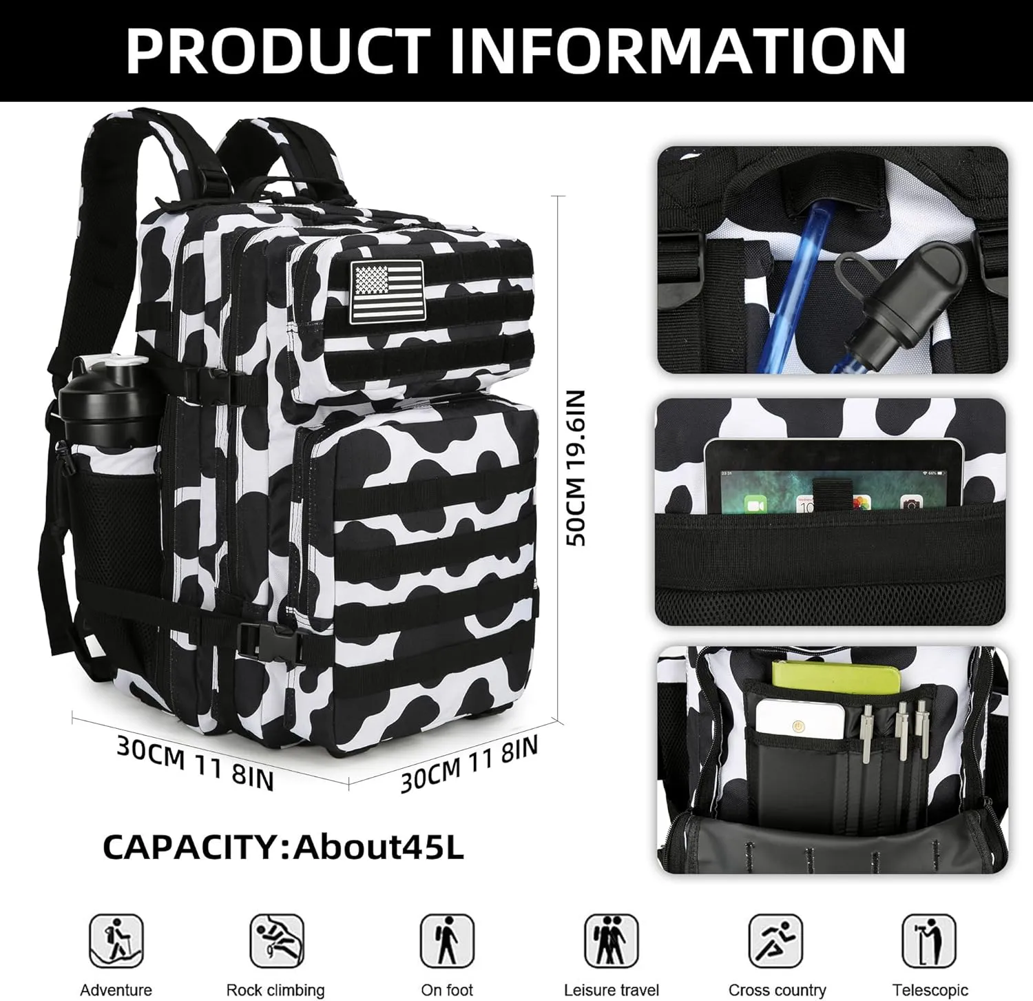 45L Tactical Assault Backpack 3 day assault pack with Molle Waterproof backpack Rucksack for Tactical Backpacks (Cow color)