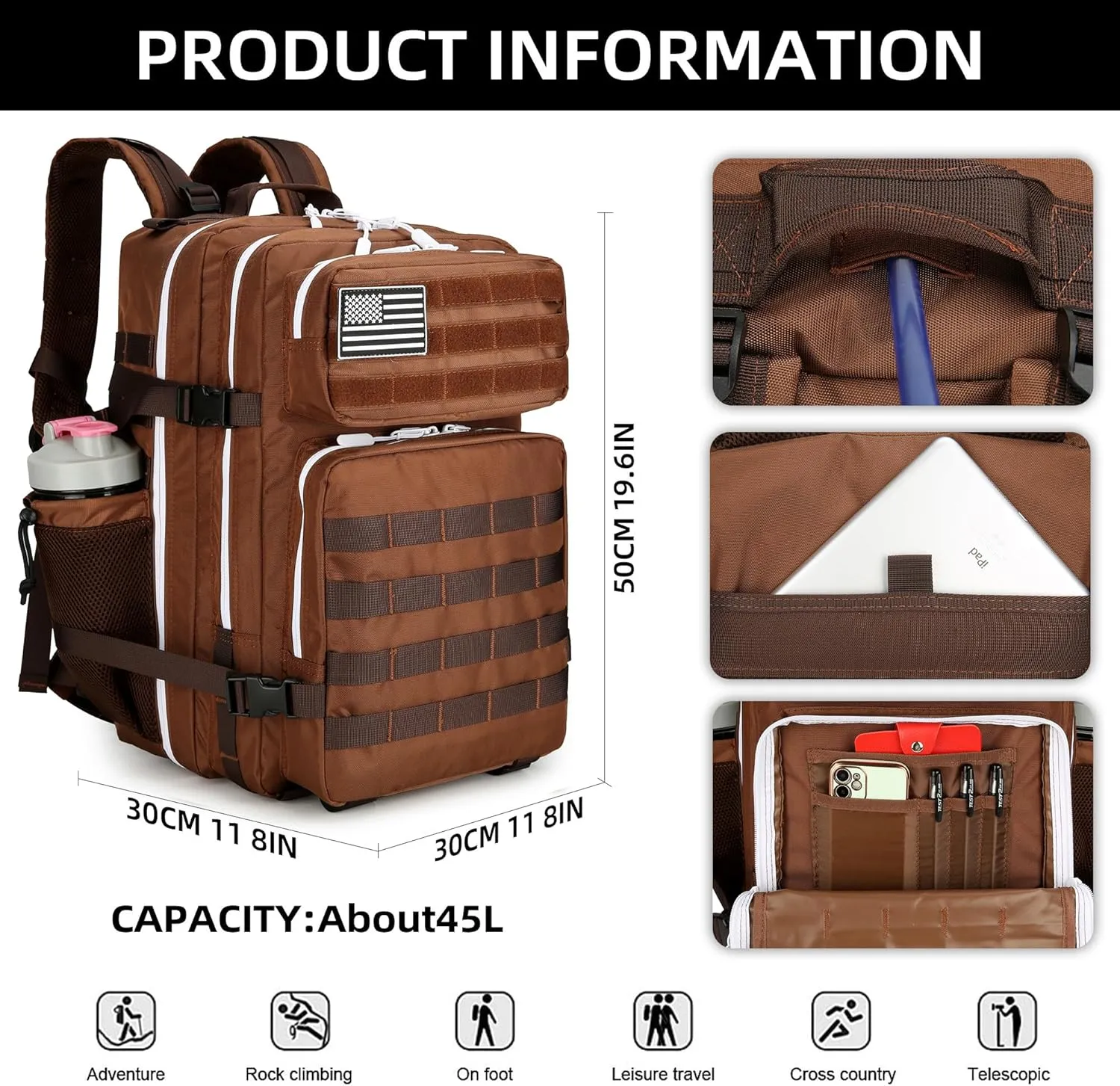 45L Tactical Assault Backpack 3 day assault pack with Molle Waterproof backpack Rucksack for Tactical Backpacks (Dark brown)