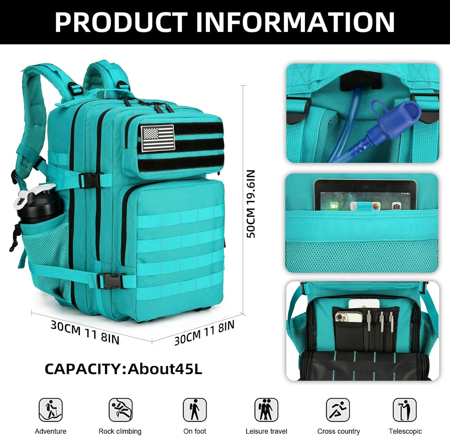 45L Tactical Assault Backpack 3 day assault pack with Molle Waterproof backpack Rucksack for Tactical Backpacks (Lake Blue)