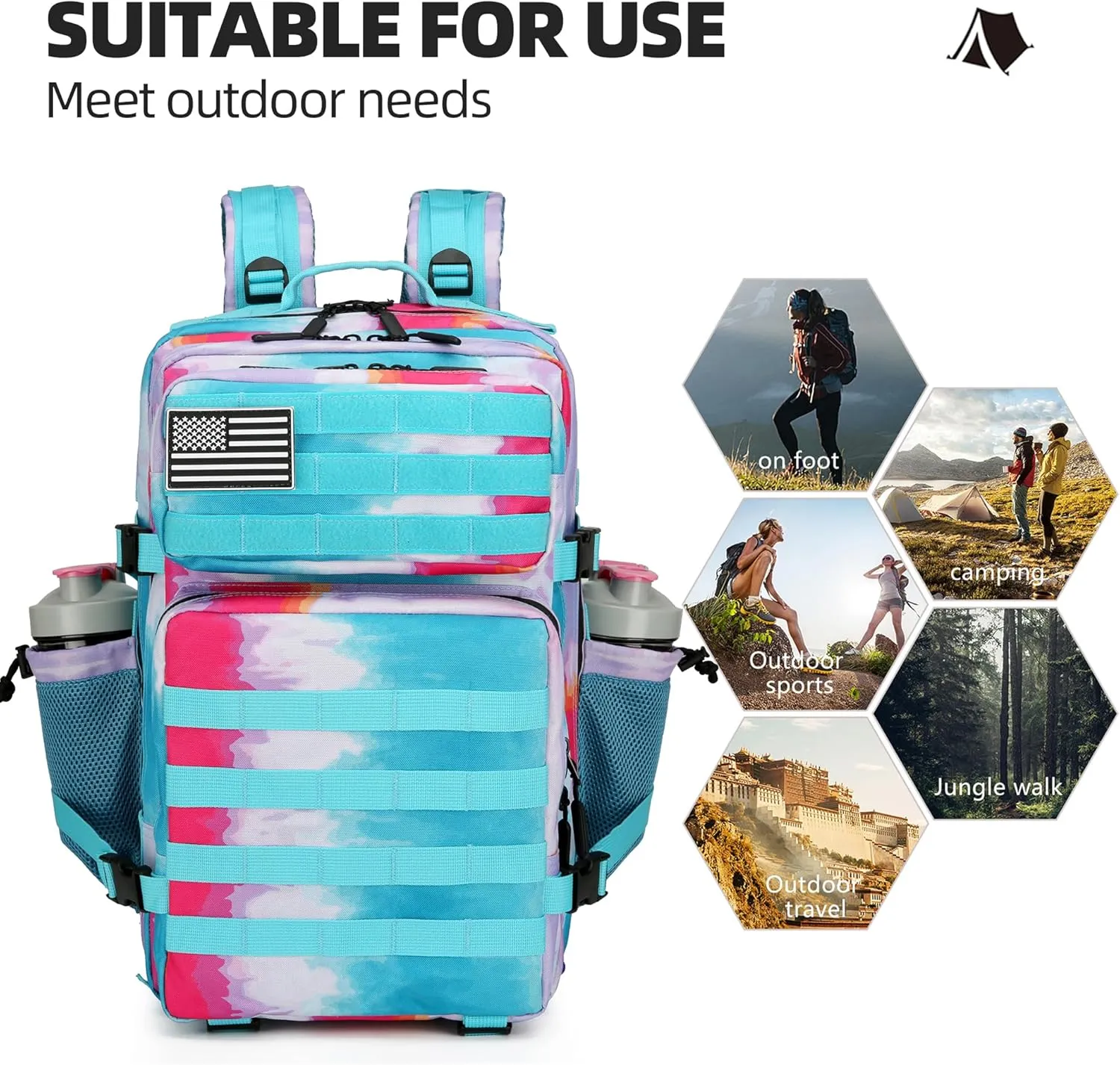 45L Tactical Assault Backpack 3 day assault pack with Molle Waterproof backpack Rucksack for Tactical Backpacks (Rainbow)