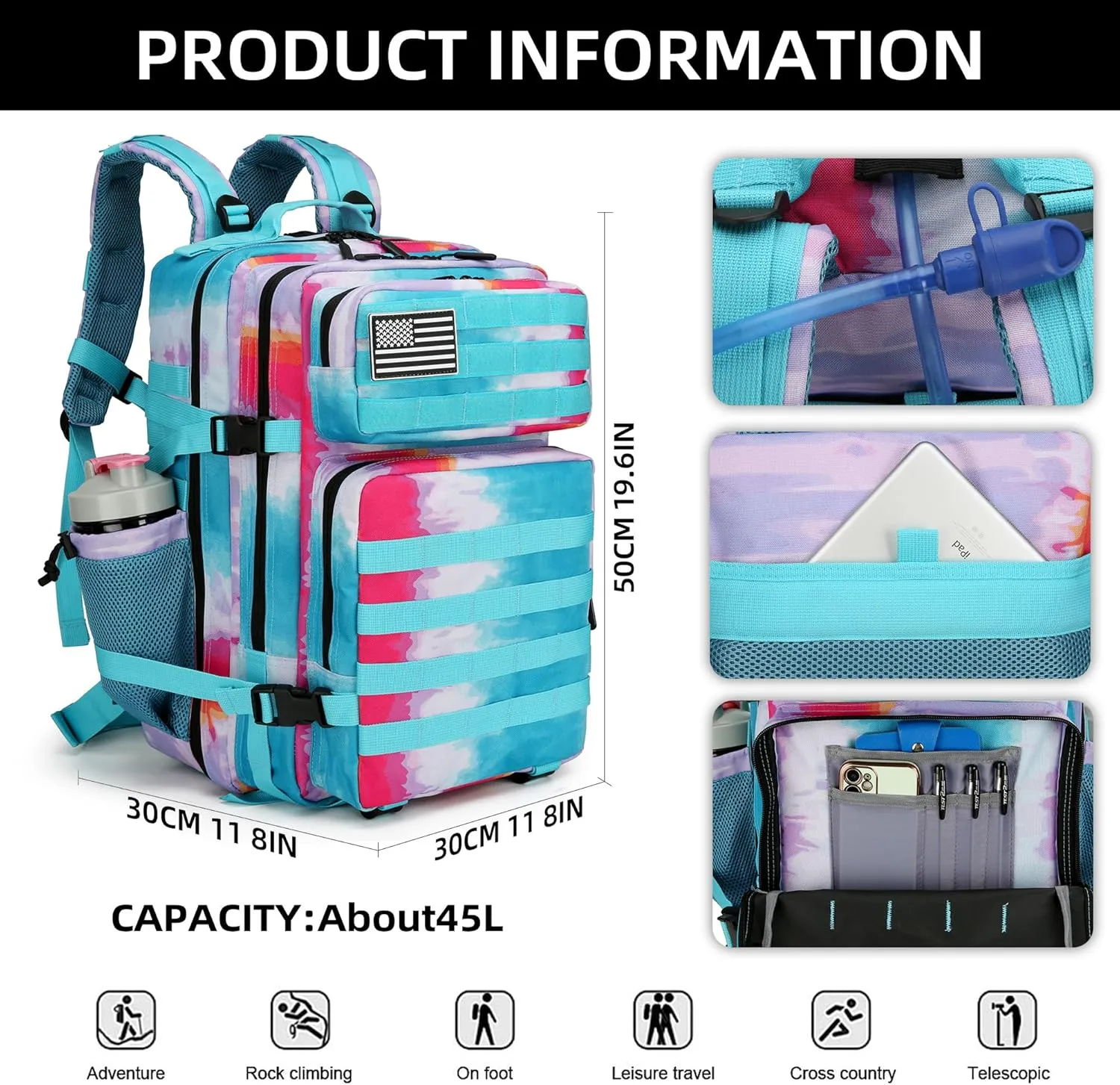 45L Tactical Assault Backpack 3 day assault pack with Molle Waterproof backpack Rucksack for Tactical Backpacks (Rainbow)