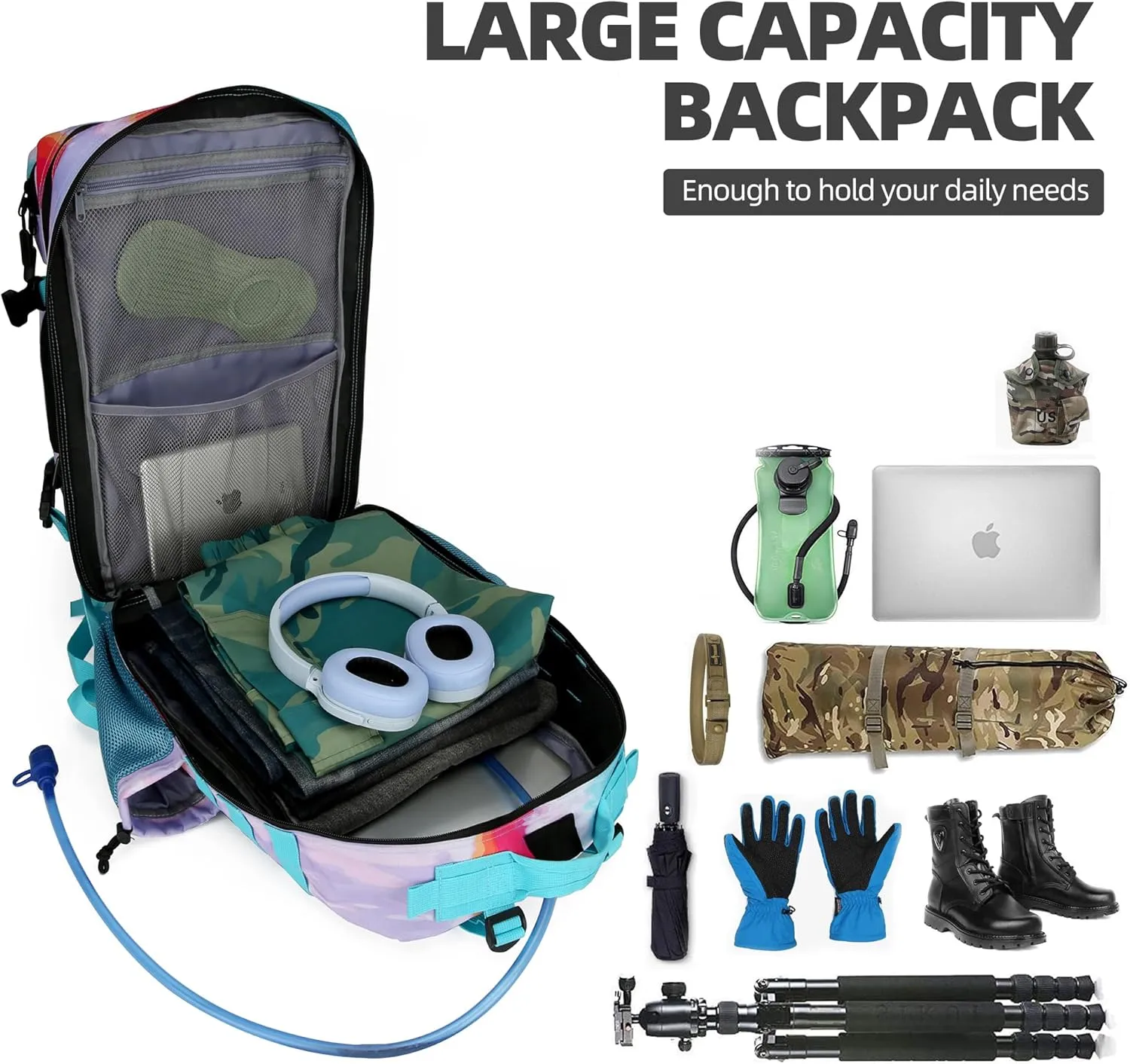 45L Tactical Assault Backpack 3 day assault pack with Molle Waterproof backpack Rucksack for Tactical Backpacks (Rainbow)