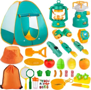 45Pcs Kids Pop Up Play Tent Set - Indoor/Outdoor Pretend Play with Camping Gear Tools for Toddler Boys/Girls - Including Telescope, Walkie Talkie, Tent, Stove