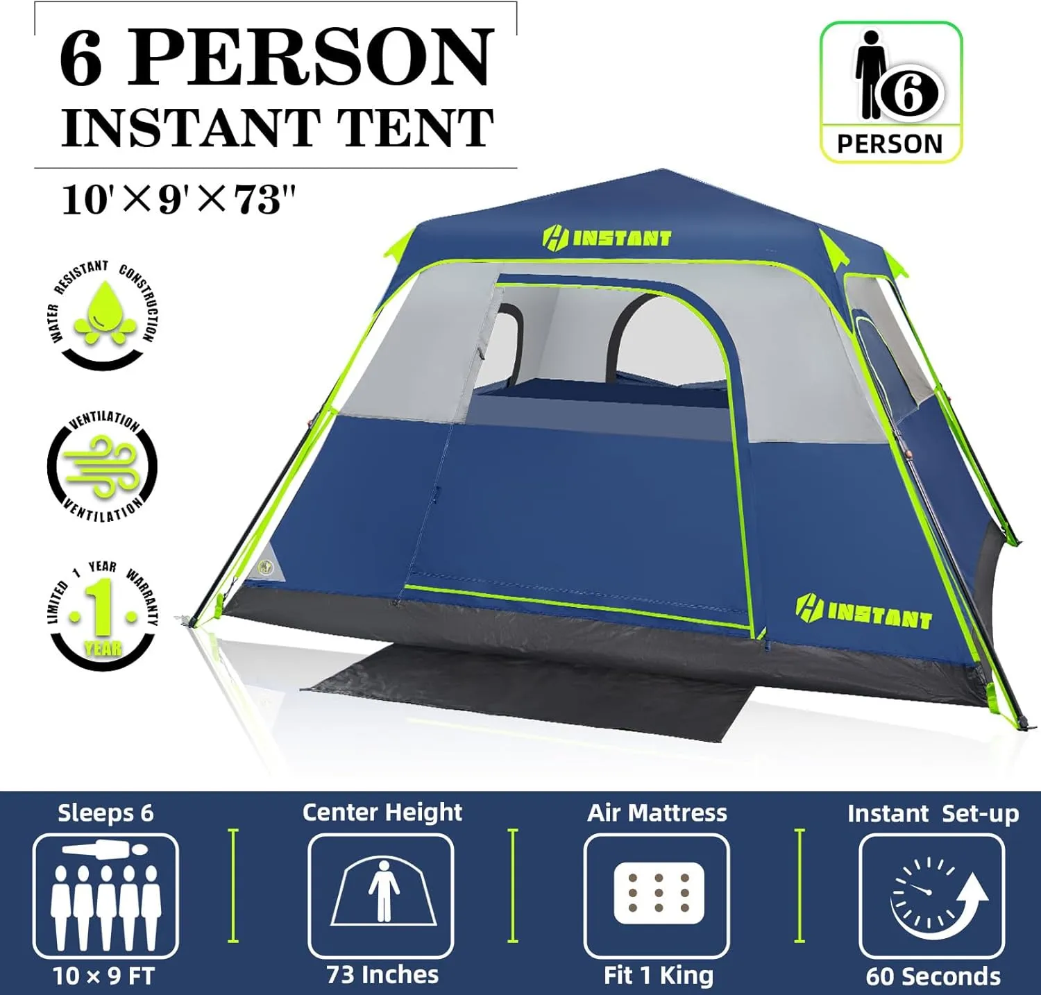 4/6 Person Instant Tent, Waterproof Pop Up Tents for Camping with Rainfly, 60 Seconds Easy Setup, Automatic Cabin Tent for Family Camping with Expandable Carry Bag & Upgraded Ventilation