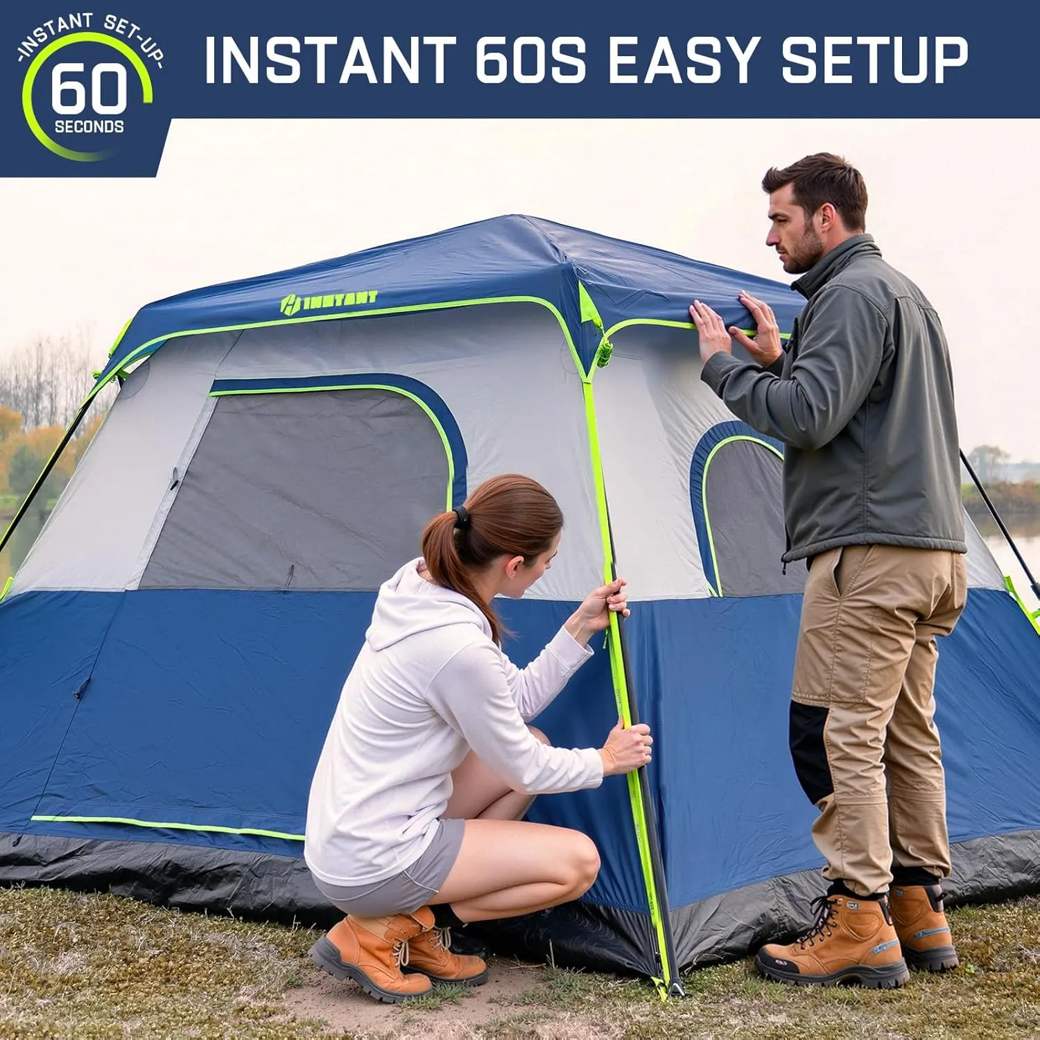 4/6 Person Instant Tent, Waterproof Pop Up Tents for Camping with Rainfly, 60 Seconds Easy Setup, Automatic Cabin Tent for Family Camping with Expandable Carry Bag & Upgraded Ventilation