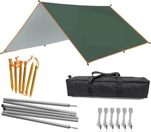 4x3m 3x3m Awning Waterproof Tarp Tent Shade Ultralight Garden Canopy Sunshade Outdoor Camping Hammock Rain Fly Beach Sun Shelter for Outdoors, Picnic(Awning Irons,3x5m)