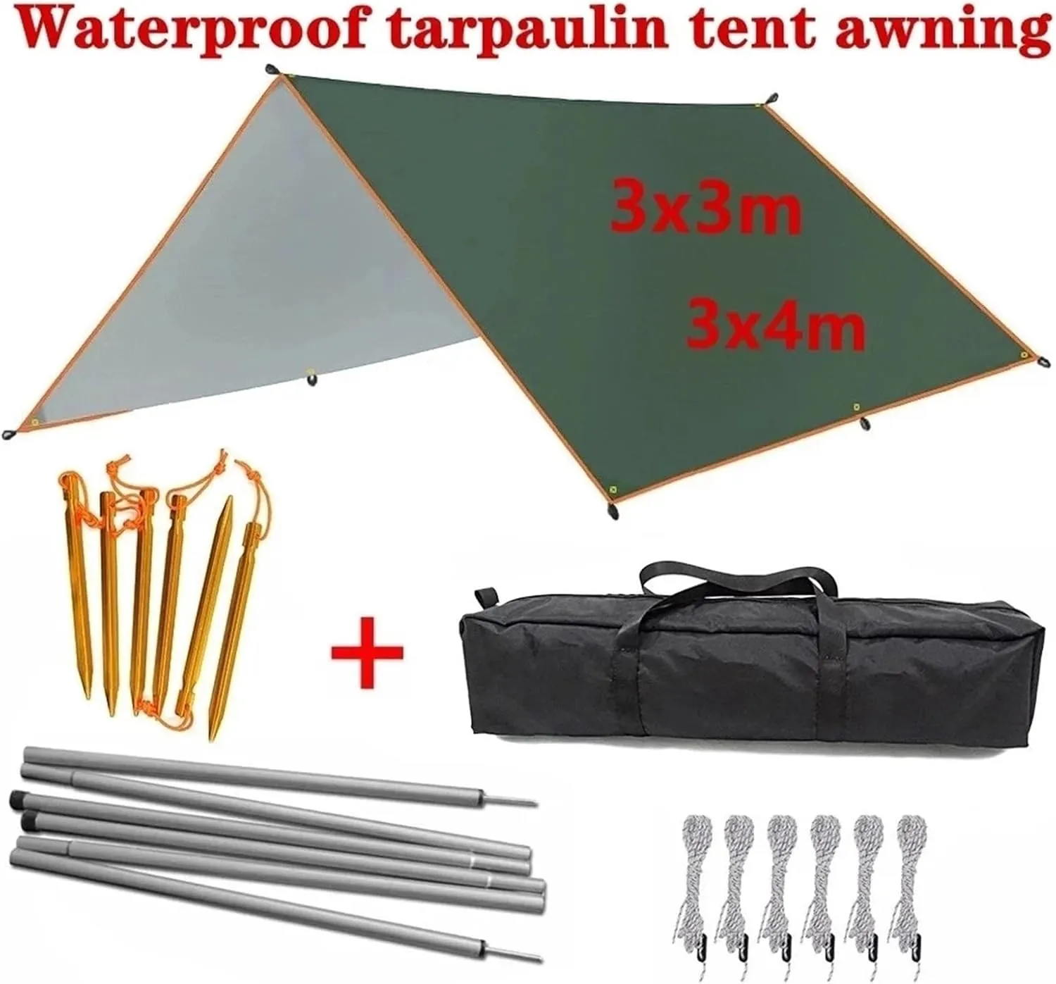 4x3m 3x3m Awning Waterproof Tarp Tent Shade Ultralight Garden Canopy Sunshade Outdoor Camping Hammock Rain Fly Beach Sun Shelter for Outdoors, Picnic(Awning Irons,3x5m)