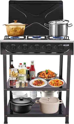 5-Burner Natural Gas Stove with Precise Heat Control Knobs Freestanding Rectangular Cooking Gas Stove with Cover & 2 Placement Boards for Home, Kitchen, Outdoor Camping (Black)
