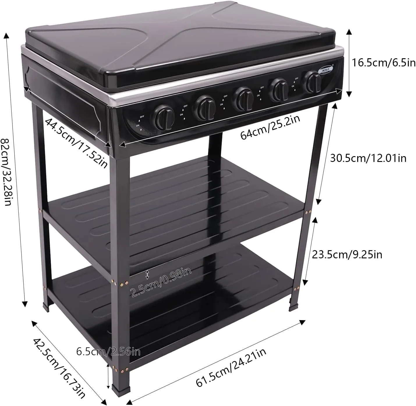 5-Burner Natural Gas Stove with Precise Heat Control Knobs Freestanding Rectangular Cooking Gas Stove with Cover & 2 Placement Boards for Home, Kitchen, Outdoor Camping (Black)