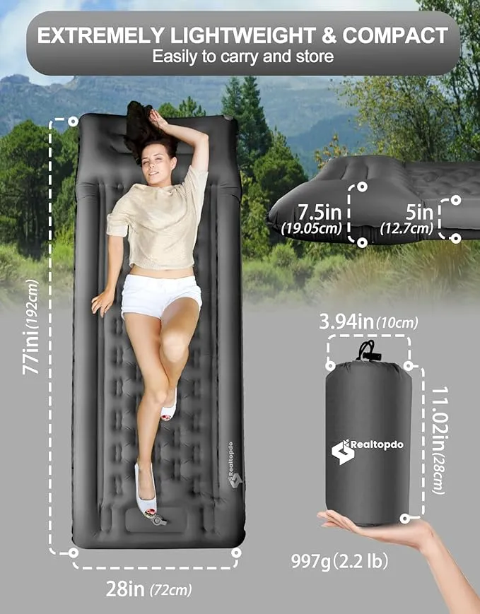 5'' Extra Thick Sleeping Pad for Camping - Self Inflating Camping Pad with Pillow Foot Pump, Roll Up Inflatable Mattress Pad for Camping Backpacking, Hiking, Tent, Traveling (Grey)