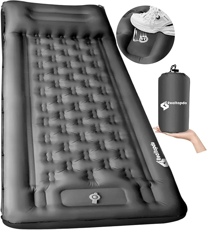 5'' Extra Thick Sleeping Pad for Camping - Self Inflating Camping Pad with Pillow Foot Pump, Roll Up Inflatable Mattress Pad for Camping Backpacking, Hiking, Tent, Traveling (Grey)