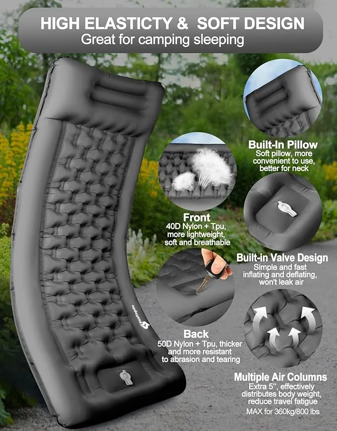 5'' Extra Thick Sleeping Pad for Camping - Self Inflating Camping Pad with Pillow Foot Pump, Roll Up Inflatable Mattress Pad for Camping Backpacking, Hiking, Tent, Traveling (Grey)