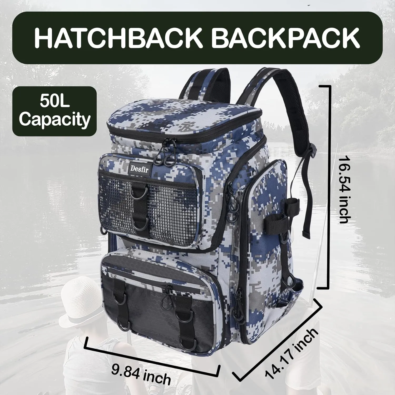 50L Fishing Backpack with Dedicated Rod Compartment Holders, Water-resistant Large Tackle Storage Bag for Saltwater Bass Fishing, Heavy Duty Outdoor Gear Backpack for Men