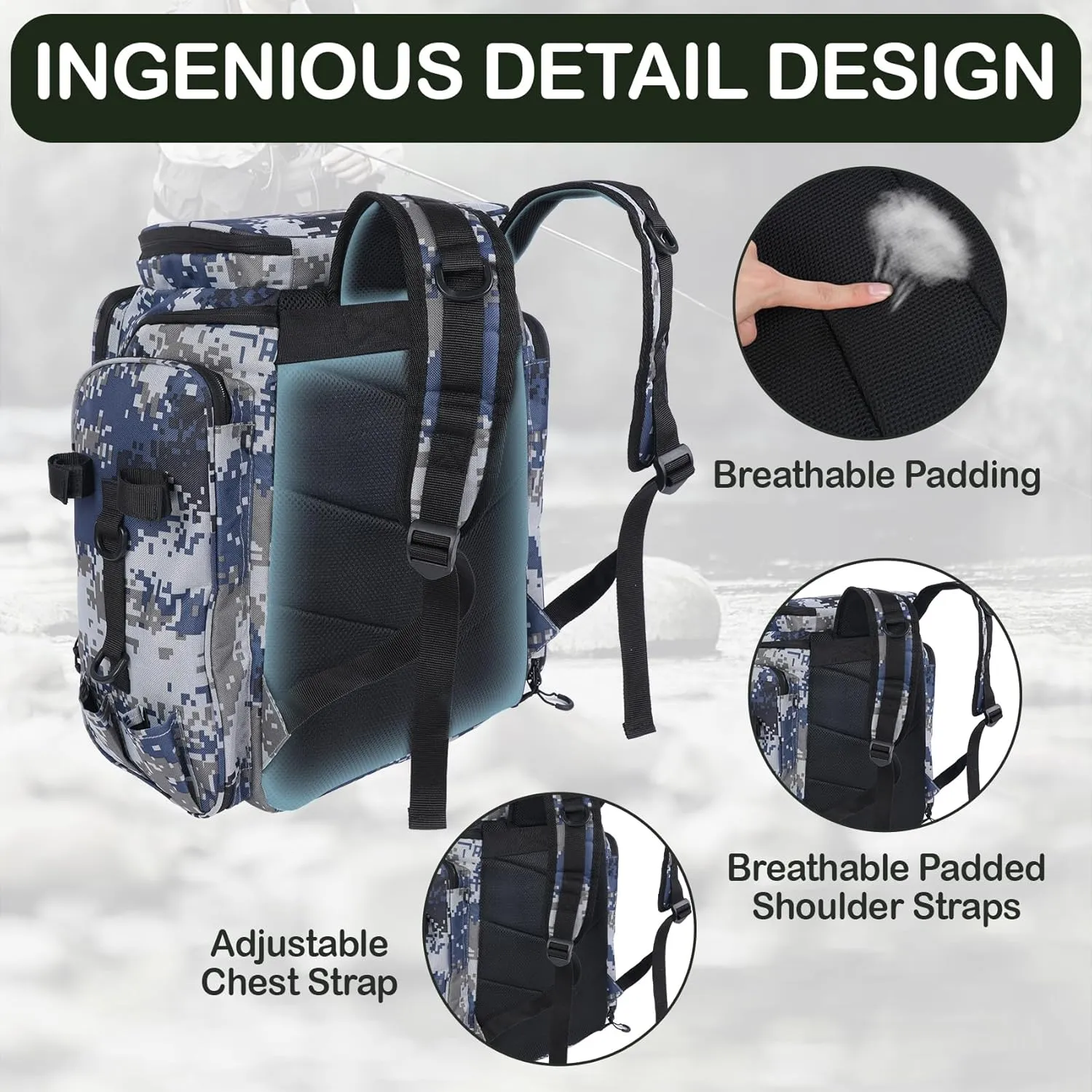 50L Fishing Backpack with Dedicated Rod Compartment Holders, Water-resistant Large Tackle Storage Bag for Saltwater Bass Fishing, Heavy Duty Outdoor Gear Backpack for Men