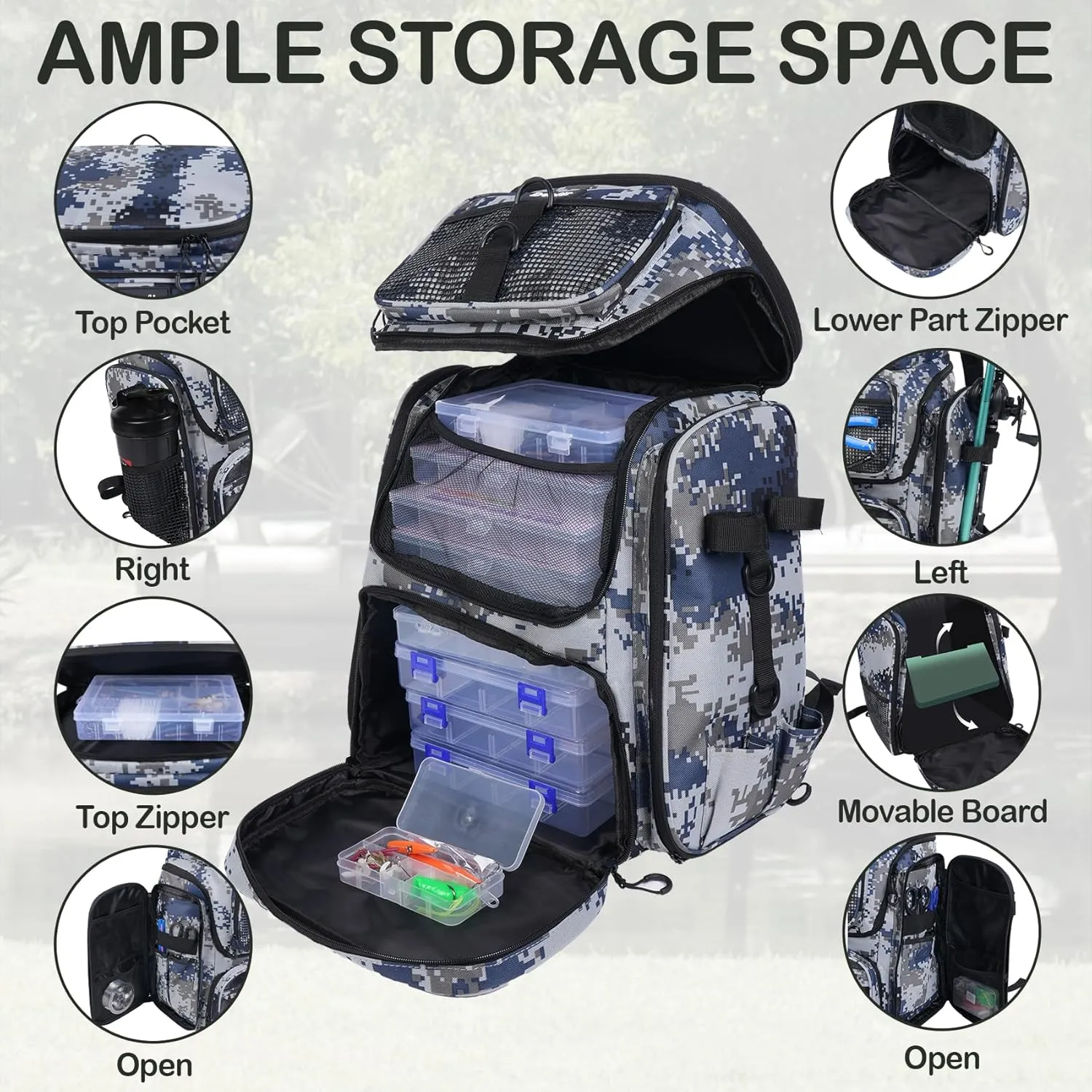 50L Fishing Backpack with Dedicated Rod Compartment Holders, Water-resistant Large Tackle Storage Bag for Saltwater Bass Fishing, Heavy Duty Outdoor Gear Backpack for Men