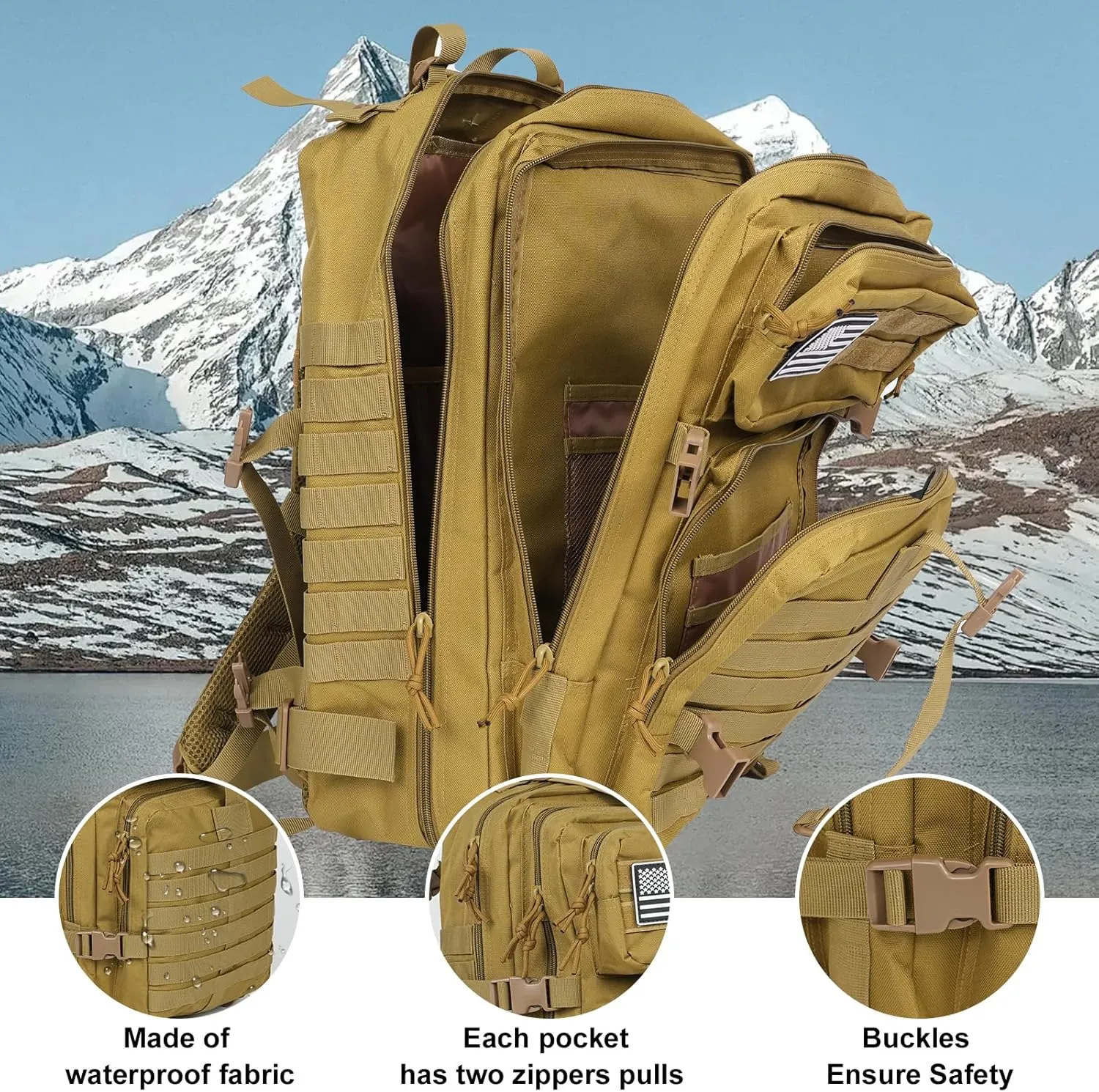 50L Large Military Tactical Backpack Molle Army Assault Pack for Travel Camping Hiking Fishing Backpack for men (khaki)