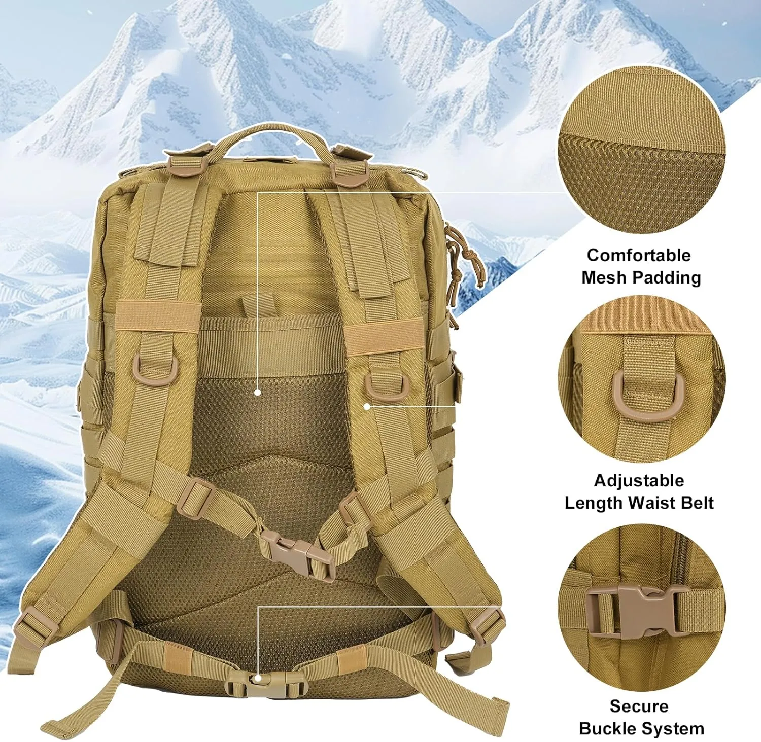 50L Large Military Tactical Backpack Molle Army Assault Pack for Travel Camping Hiking Fishing Backpack for men (khaki)