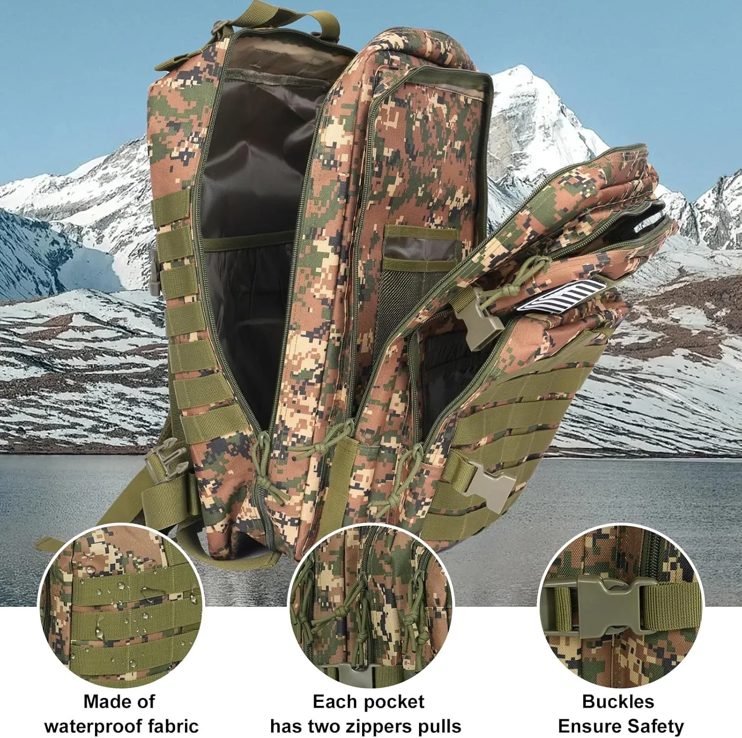 50L Large Military Tactical Backpack Molle Army Assault Pack for Travel Camping Hiking Fishing Backpack for men(woodland camo)