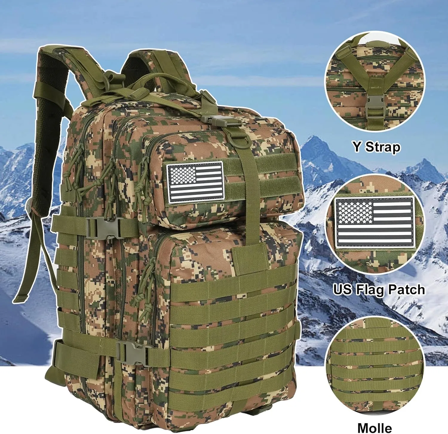 50L Large Military Tactical Backpack Molle Army Assault Pack for Travel Camping Hiking Fishing Backpack for men(woodland camo)