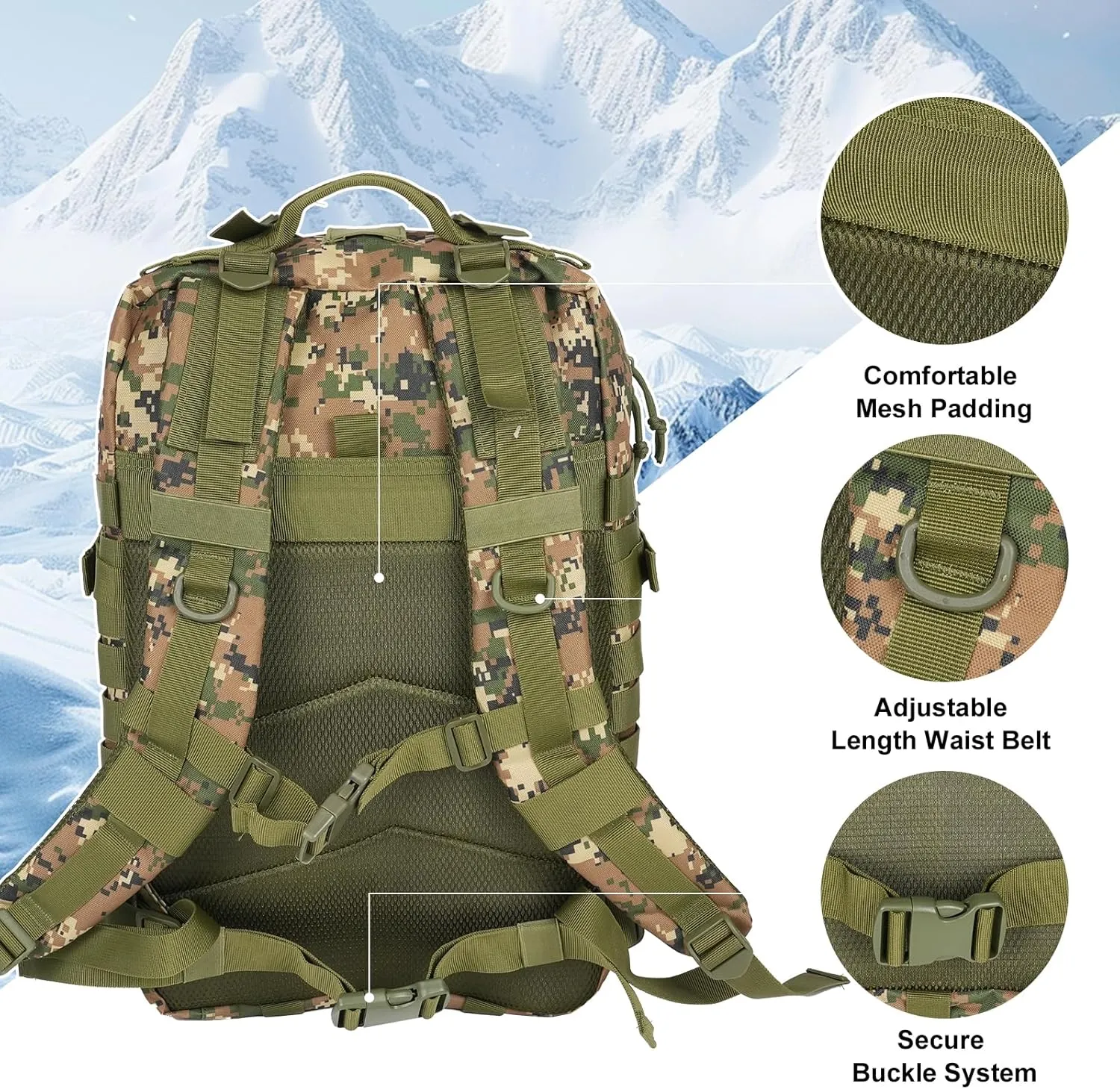 50L Large Military Tactical Backpack Molle Army Assault Pack for Travel Camping Hiking Fishing Backpack for men(woodland camo)