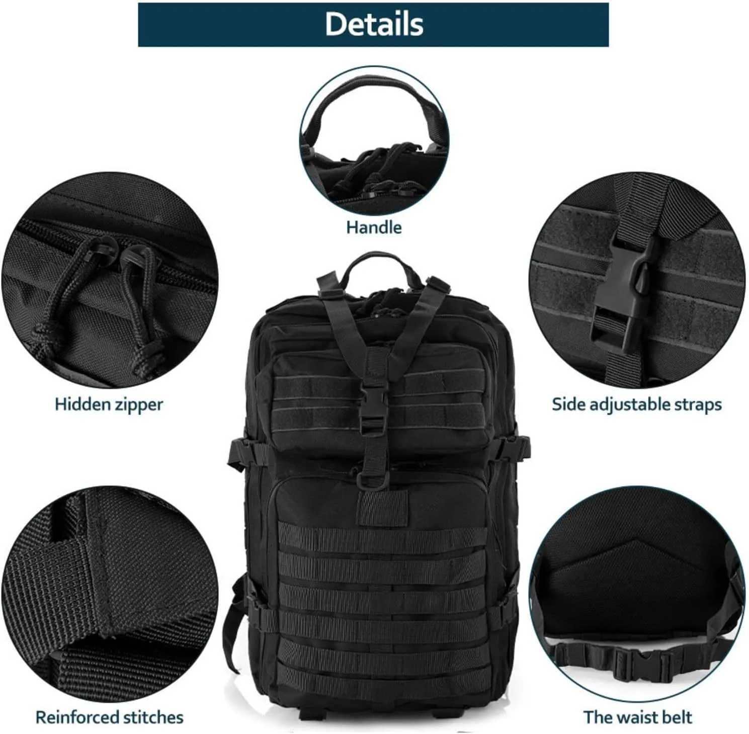50L Sturdy Nylon Waterproof Fishing Hunting Backpack Outdoor Military Rucksacks Tactical Sports Camping Hiking Bags (Black)