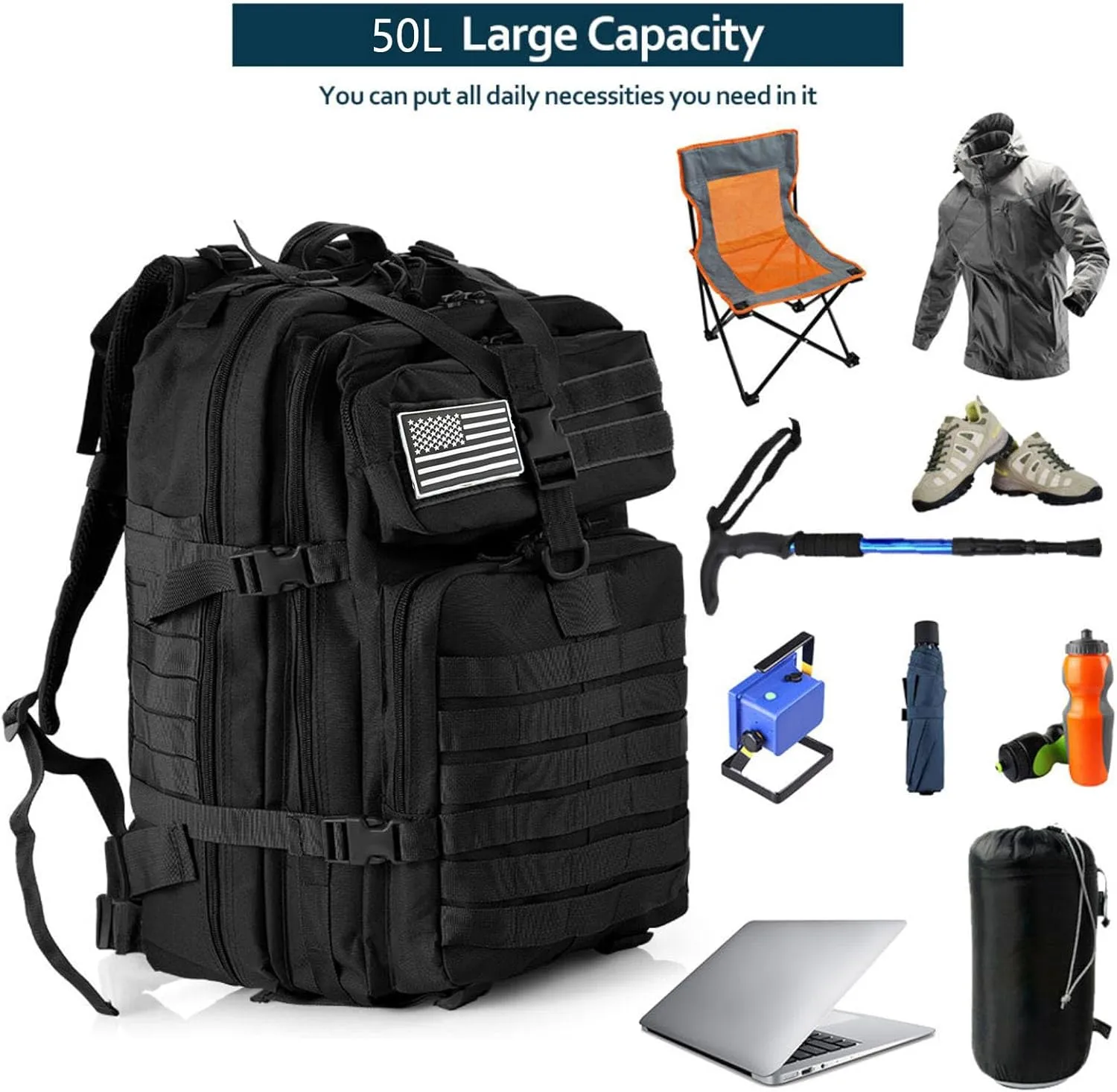 50L Sturdy Nylon Waterproof Fishing Hunting Backpack Outdoor Military Rucksacks Tactical Sports Camping Hiking Bags (Black)