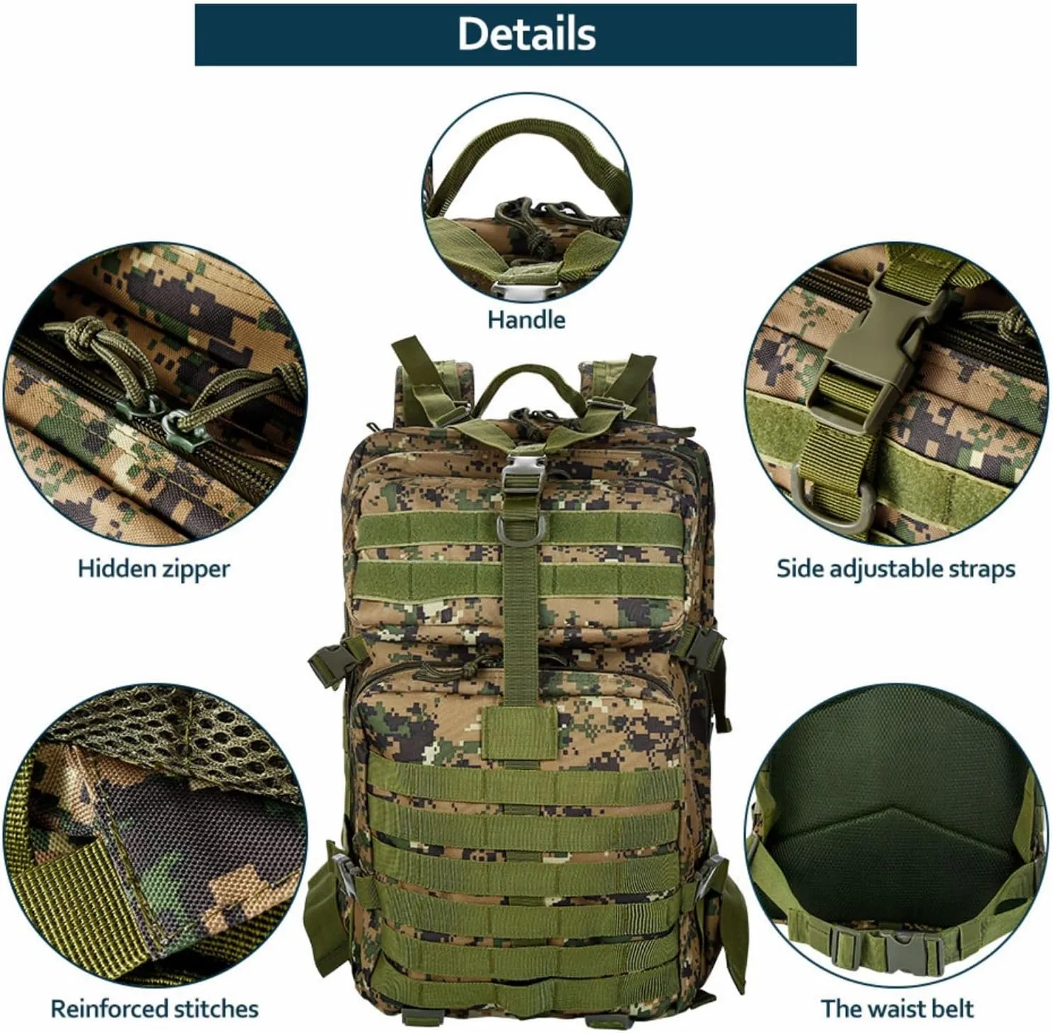 50L Sturdy Nylon Waterproof Fishing Hunting Backpack Outdoor Military Rucksacks Tactical Sports Camping Hiking Bags (Camouflage green)