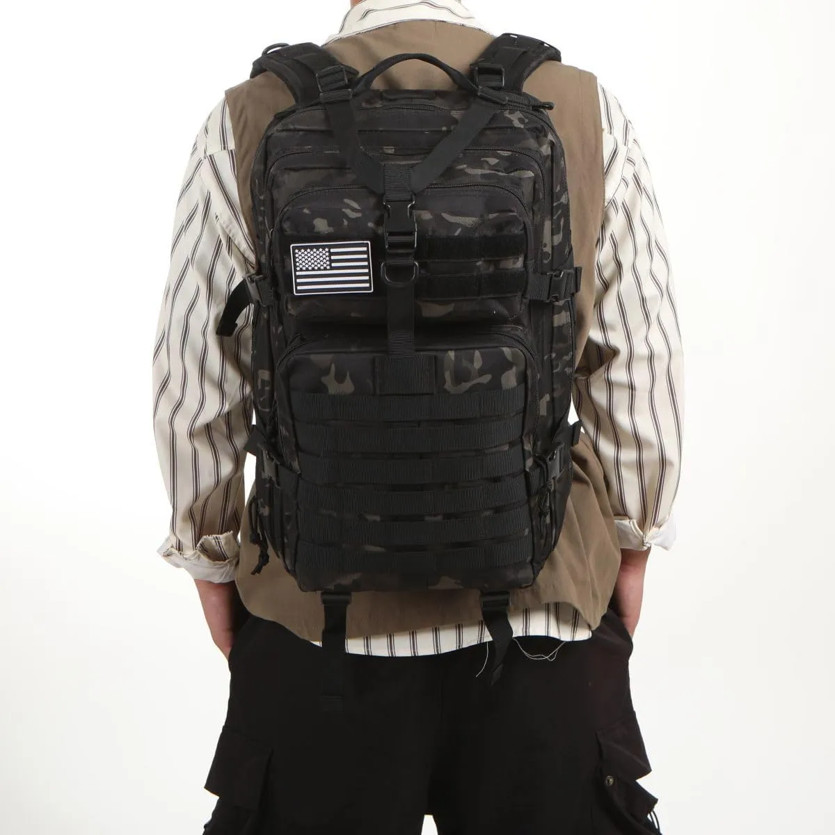 50L Sturdy Nylon Waterproof Fishing Hunting Backpack Outdoor Military Rucksacks Tactical Sports Camping Hiking (Camo black)
