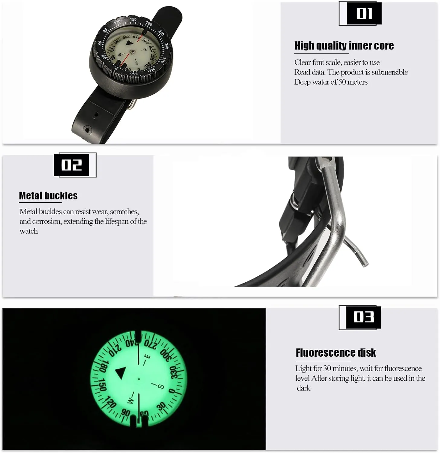 50M Scuba Dive Compass Portable Underwater Diving Navigation Wrist Noctilucent Compass with TPU Band for Underwater Diving, Sailing, Camping, Hiking