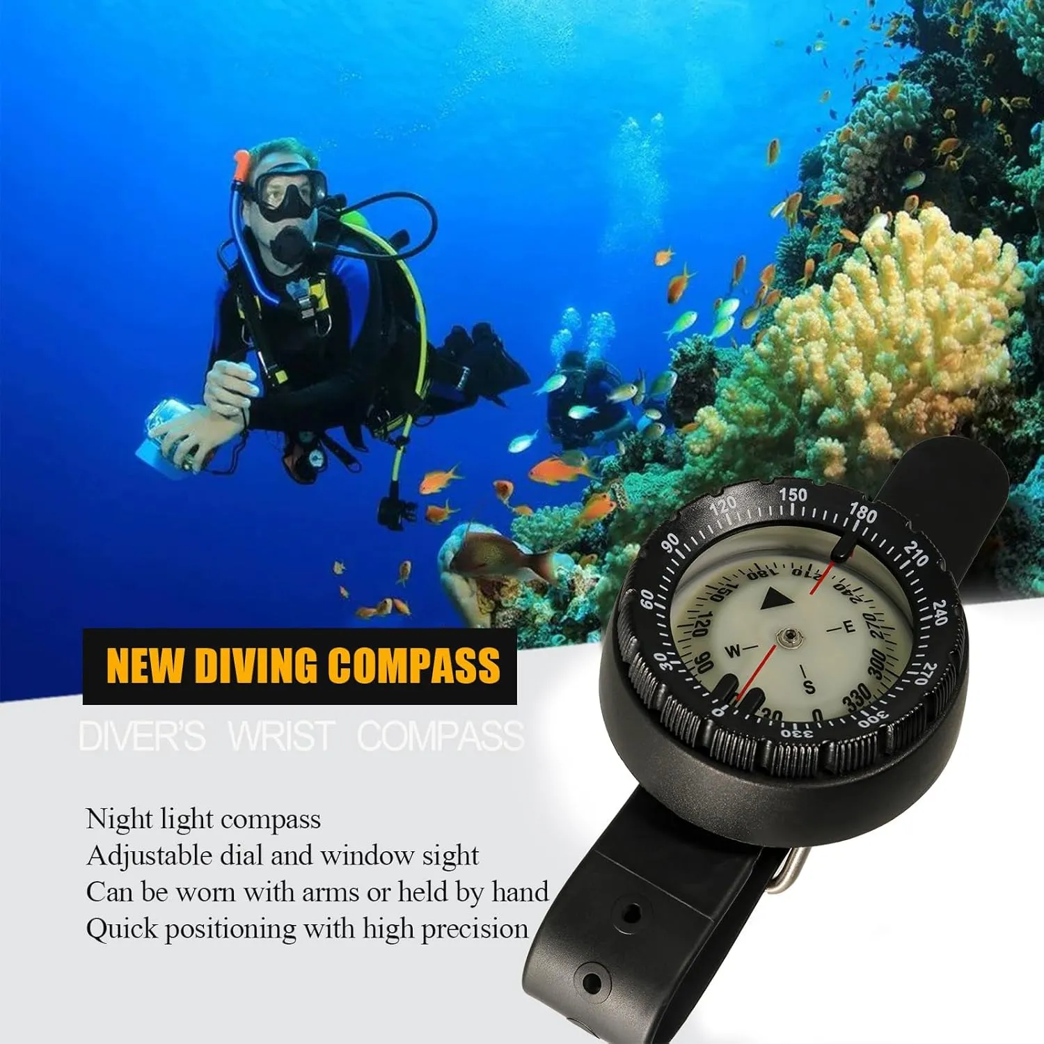 50M Scuba Dive Compass Portable Underwater Diving Navigation Wrist Noctilucent Compass with TPU Band for Underwater Diving, Sailing, Camping, Hiking
